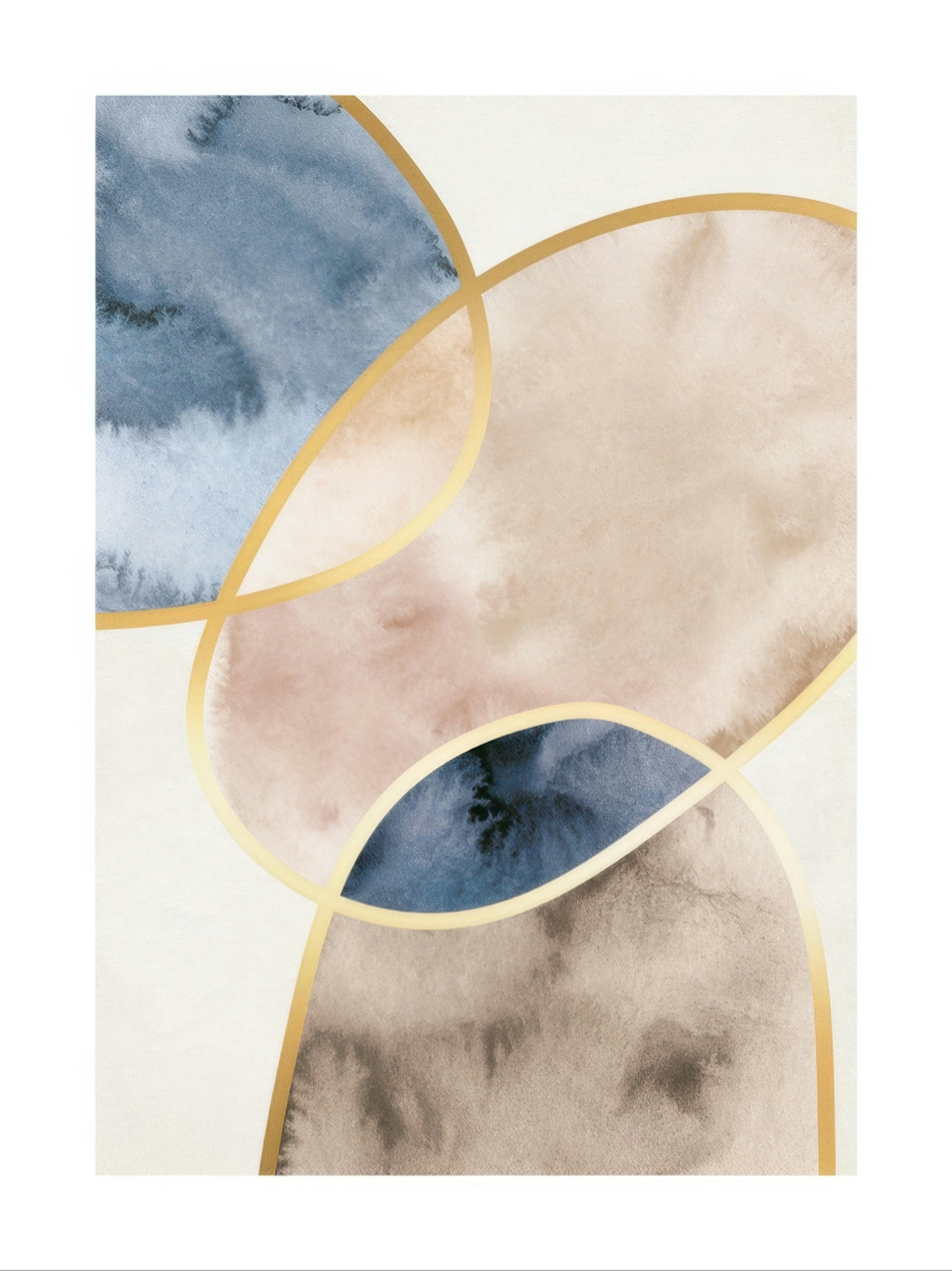 Aquarell-Poster mit abstrakten Formen in Beige und Blau mit goldenen Umrissen auf hellem Hintergrund.