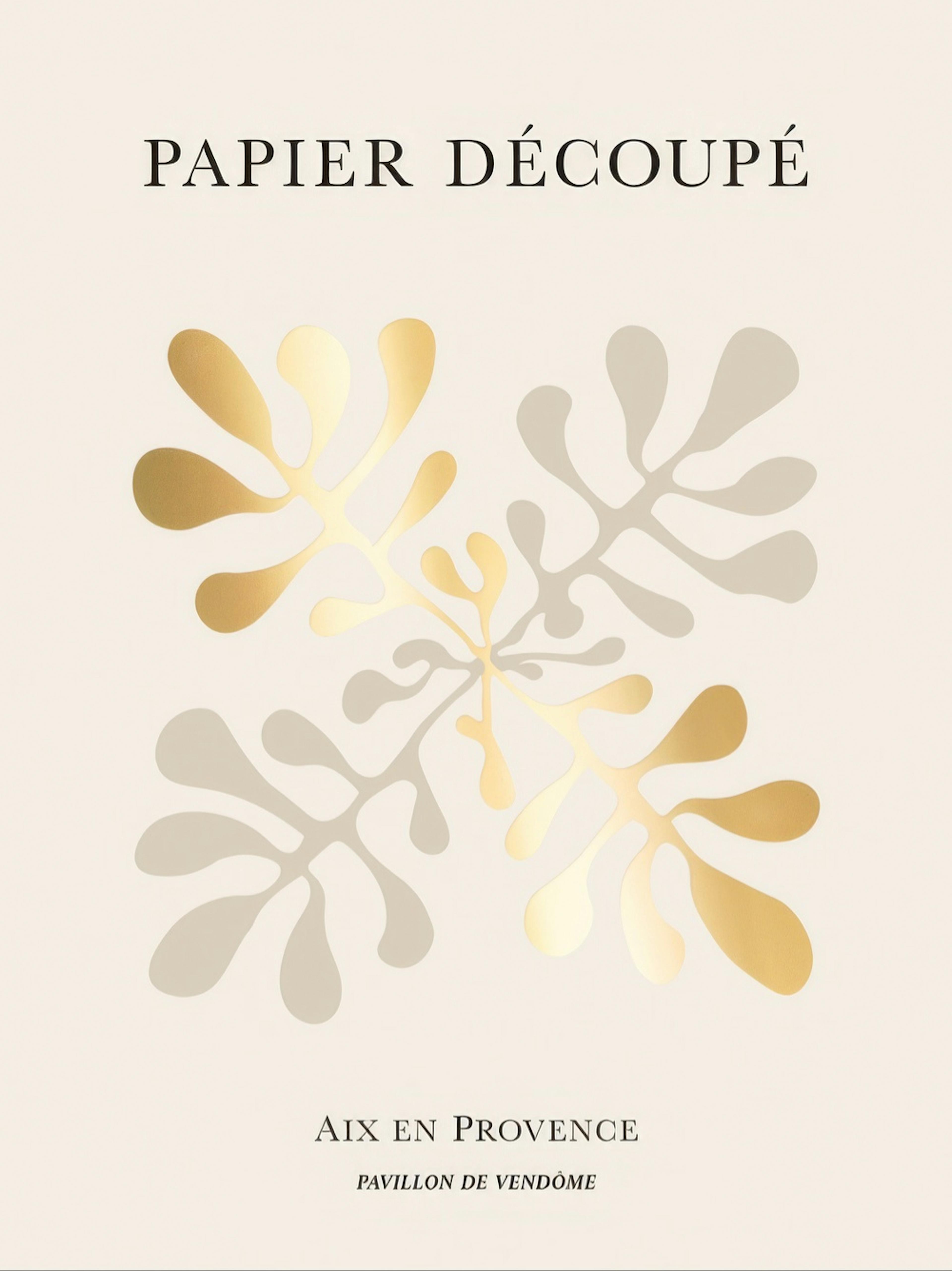 Affiche avec des feuilles abstraites en beige et or sur fond beige clair, typographie noire Papier Découpé et Aix en Provence