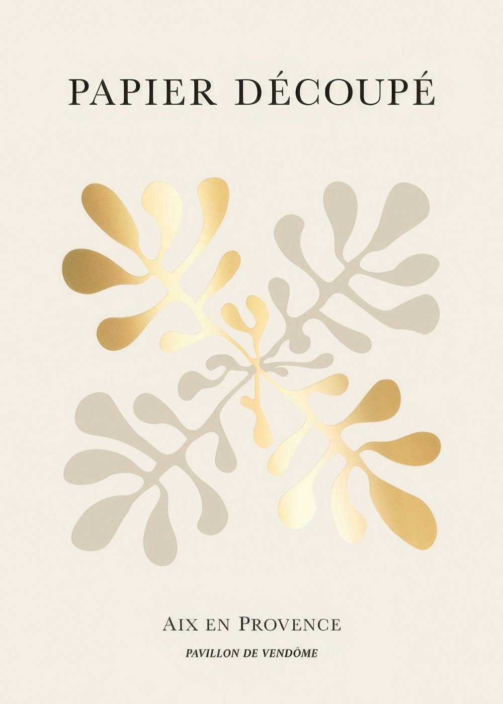 Poster met abstracte gouden en beige bladeren, bladeren lijken te bewegen over de lichte achtergrond.