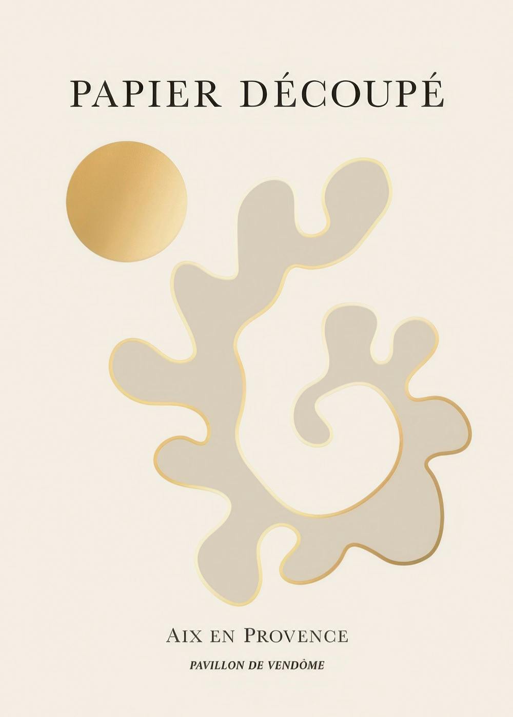 Papier Decoupe poster met beige abstracte vormen en goudfolie details op een lichtbeige achtergrond.