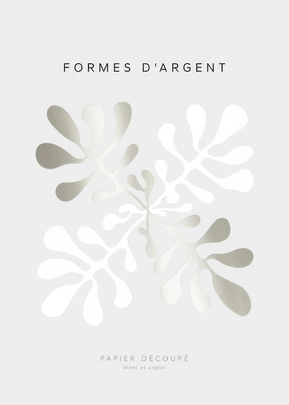 Foil print poster with white and silver organic leaf shapes on a light gray background, text above and below.