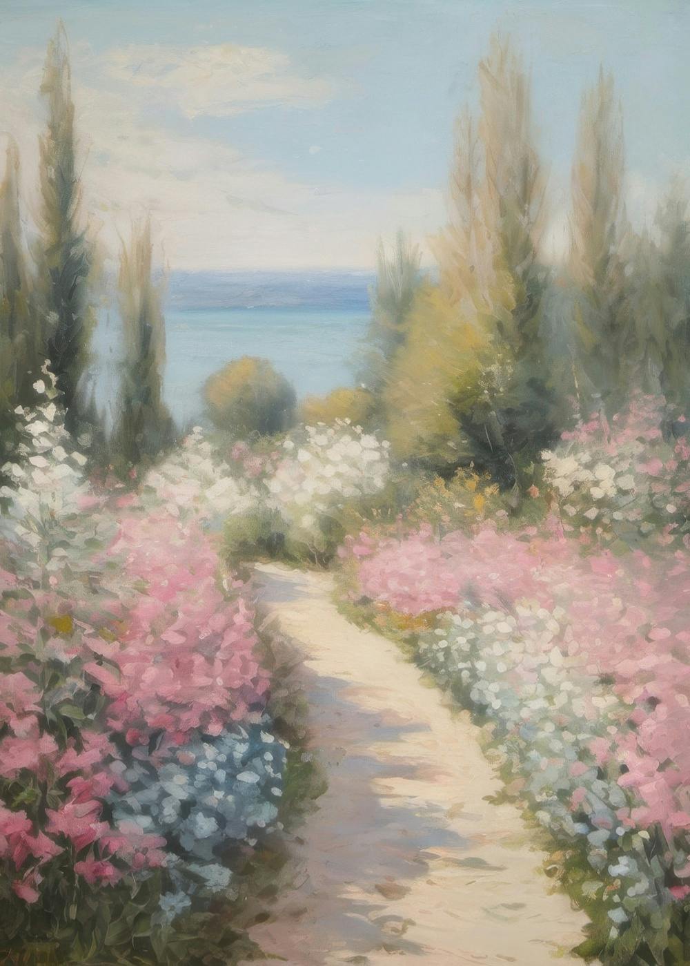Pintura al óleo de un sendero florido junto al mar Mediterráneo, con flores rosas y blancas.