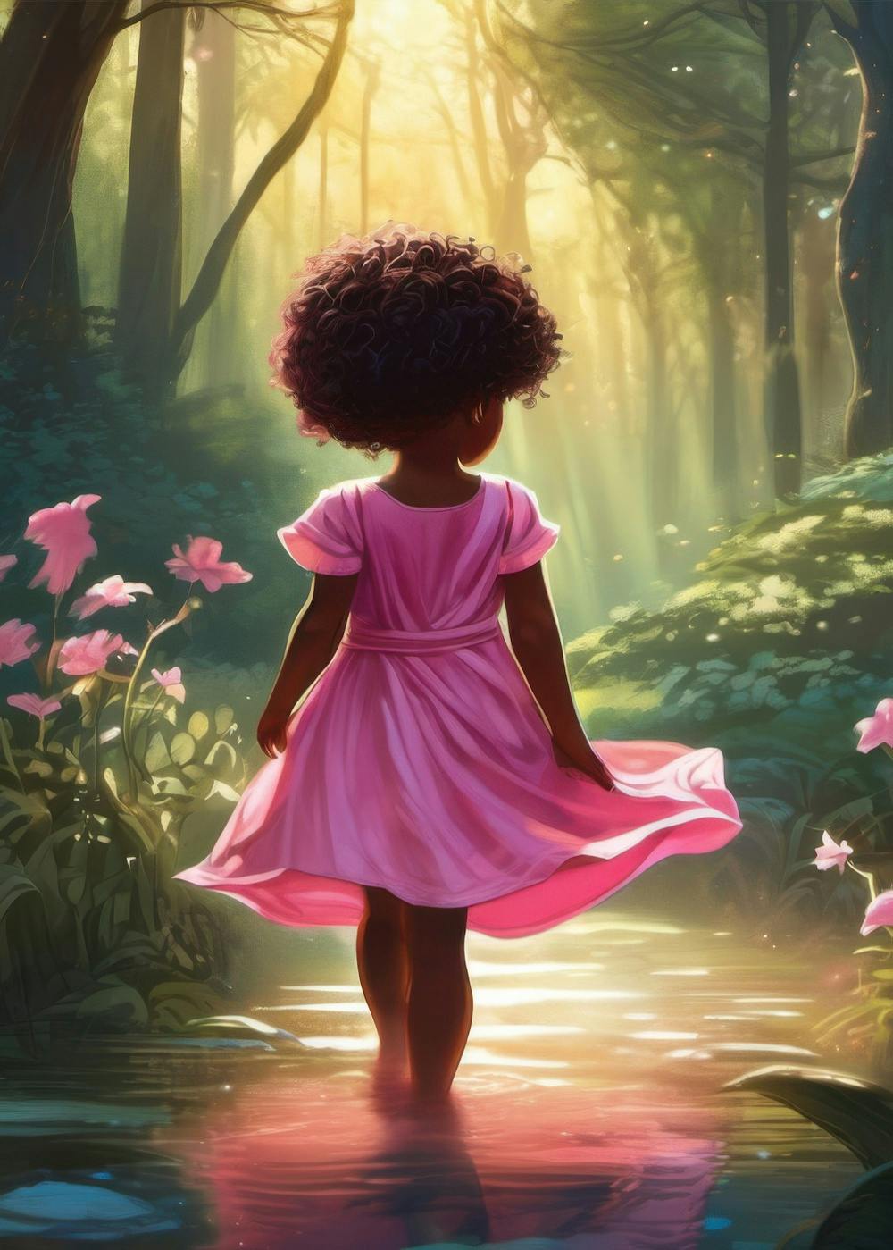 Vibrant digital art features a young girl in a pink dress, standing in sunlit water amidst a lush forest with pink flowers.