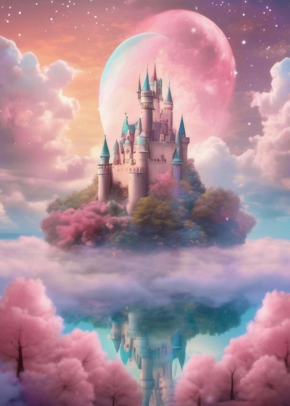 Fantasy castle floating on clouds with pink moon and starlit sky, vibrant pastel colors, magical dreamscape.