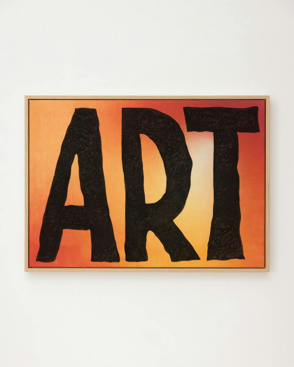 Lienzo con la palabra ART en grandes letras negras texturizadas sobre un fondo que transiciona de rojo a naranja y amarillo.