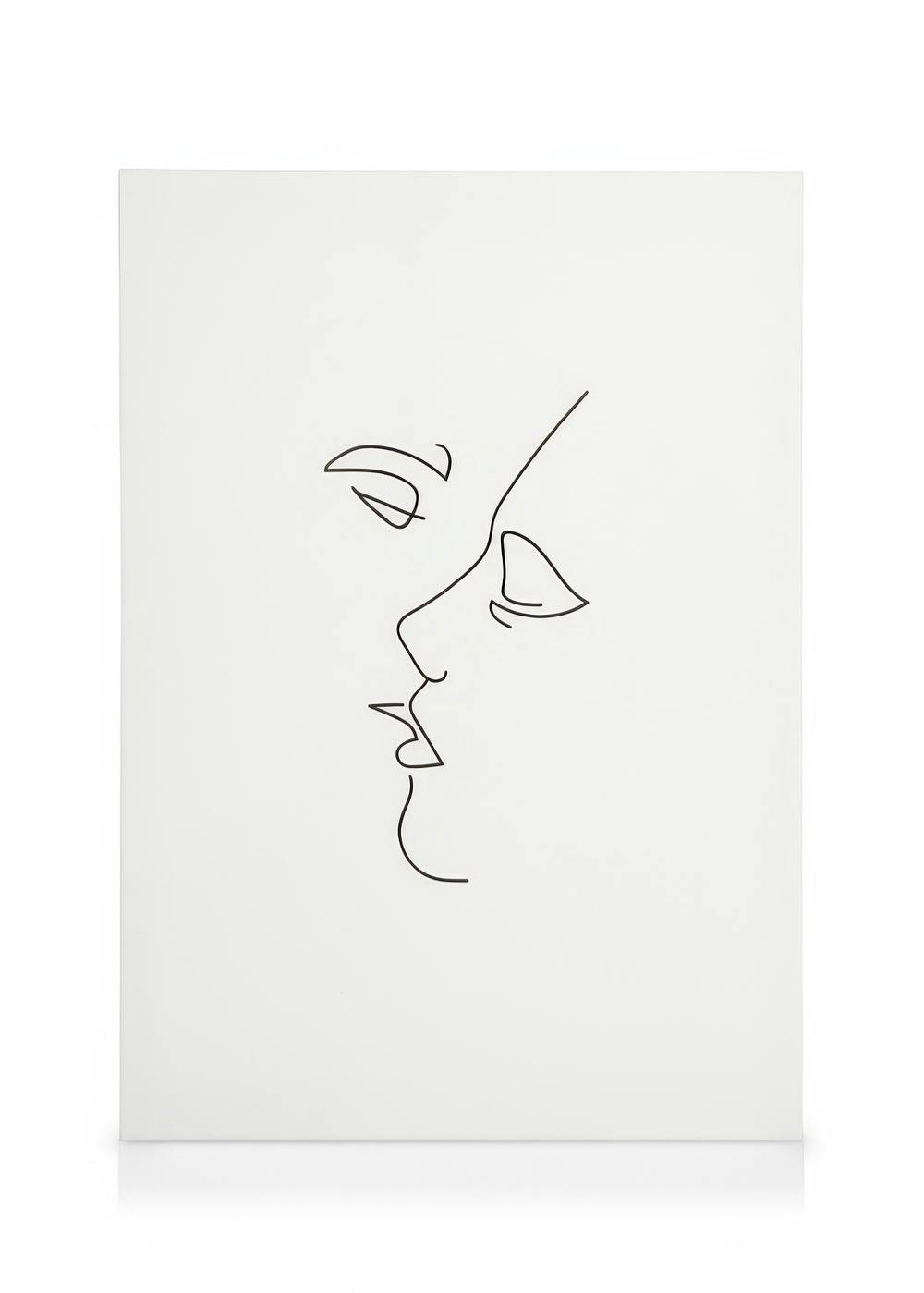 Minimalist line art canvas print of two faces in profile, leaning in for a kiss, on a white background.