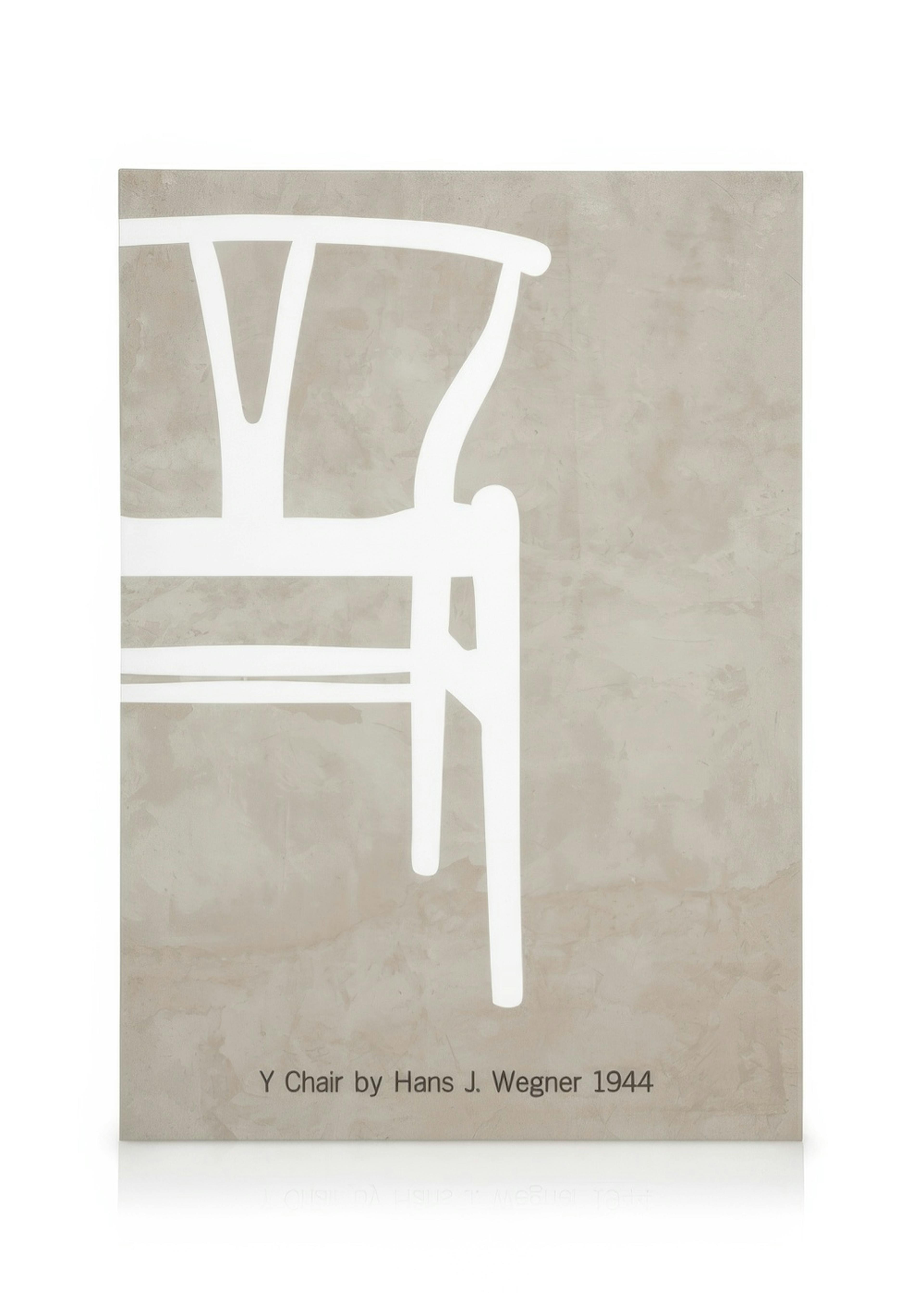 Canvastavla med vit silhuett av Y-stolen av Hans J. Wegner på en ljusbeige bakgrund, minimalistisk designkonst.