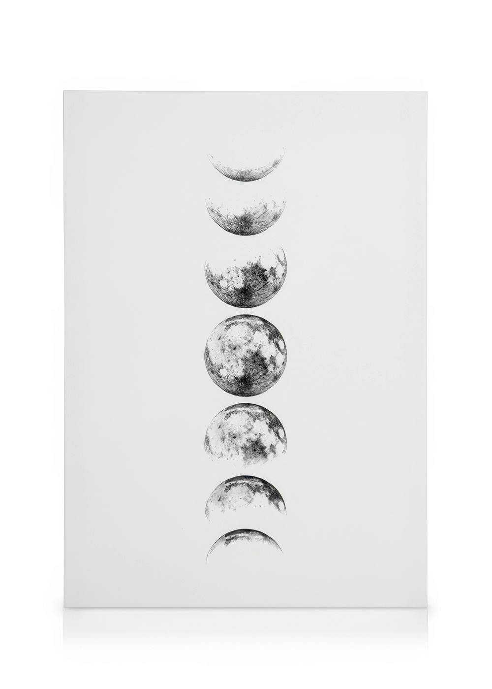 Leinwandbild mit grauen Mondphasen, die horizontal von Mondsichel bis Vollmond reichen. Minimalistisches Design in Schwarz-Weiß.