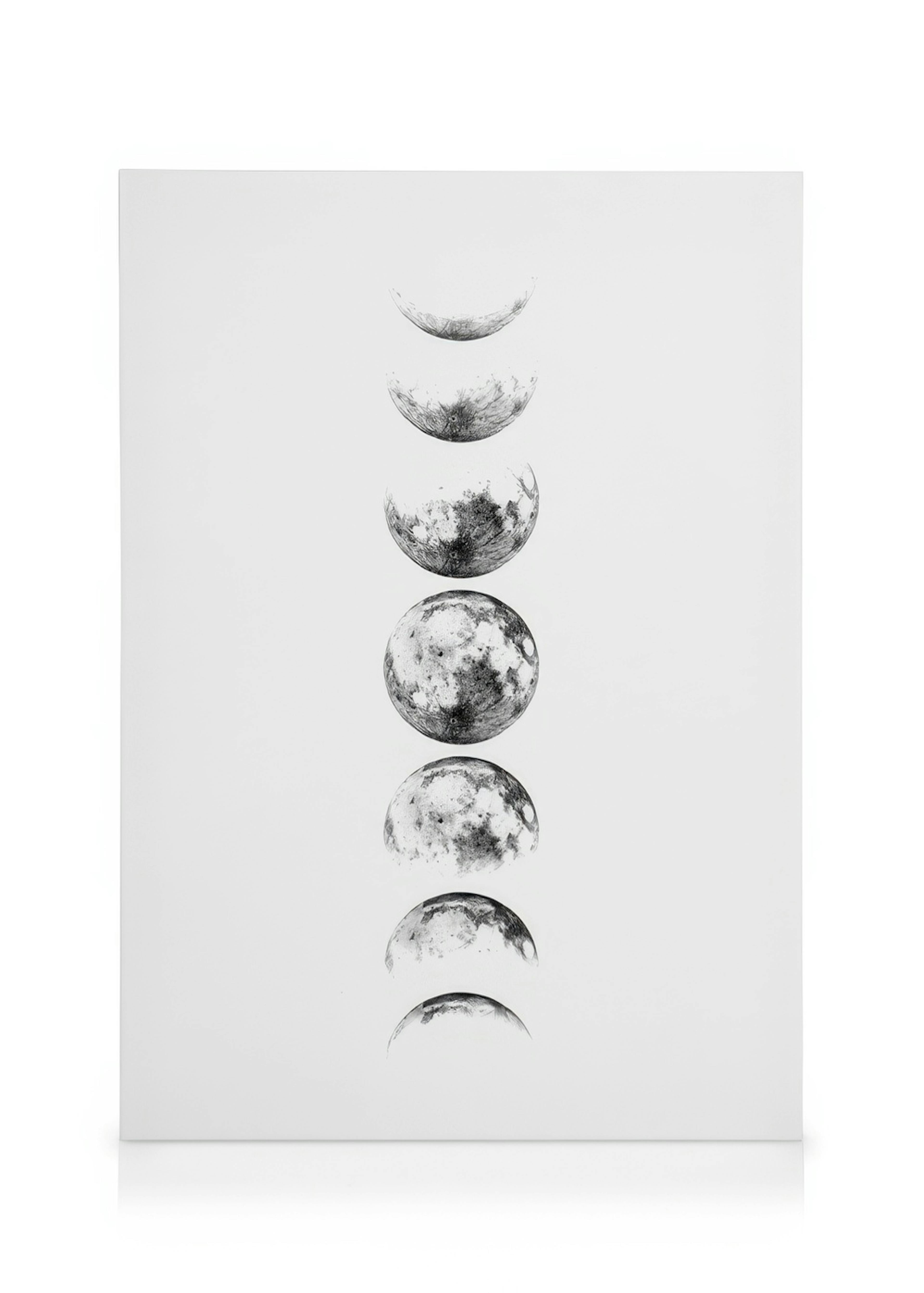 Lienzo gris de fases lunares, lunas texturizadas en fila vertical sobre fondo blanco, decoración espacial.