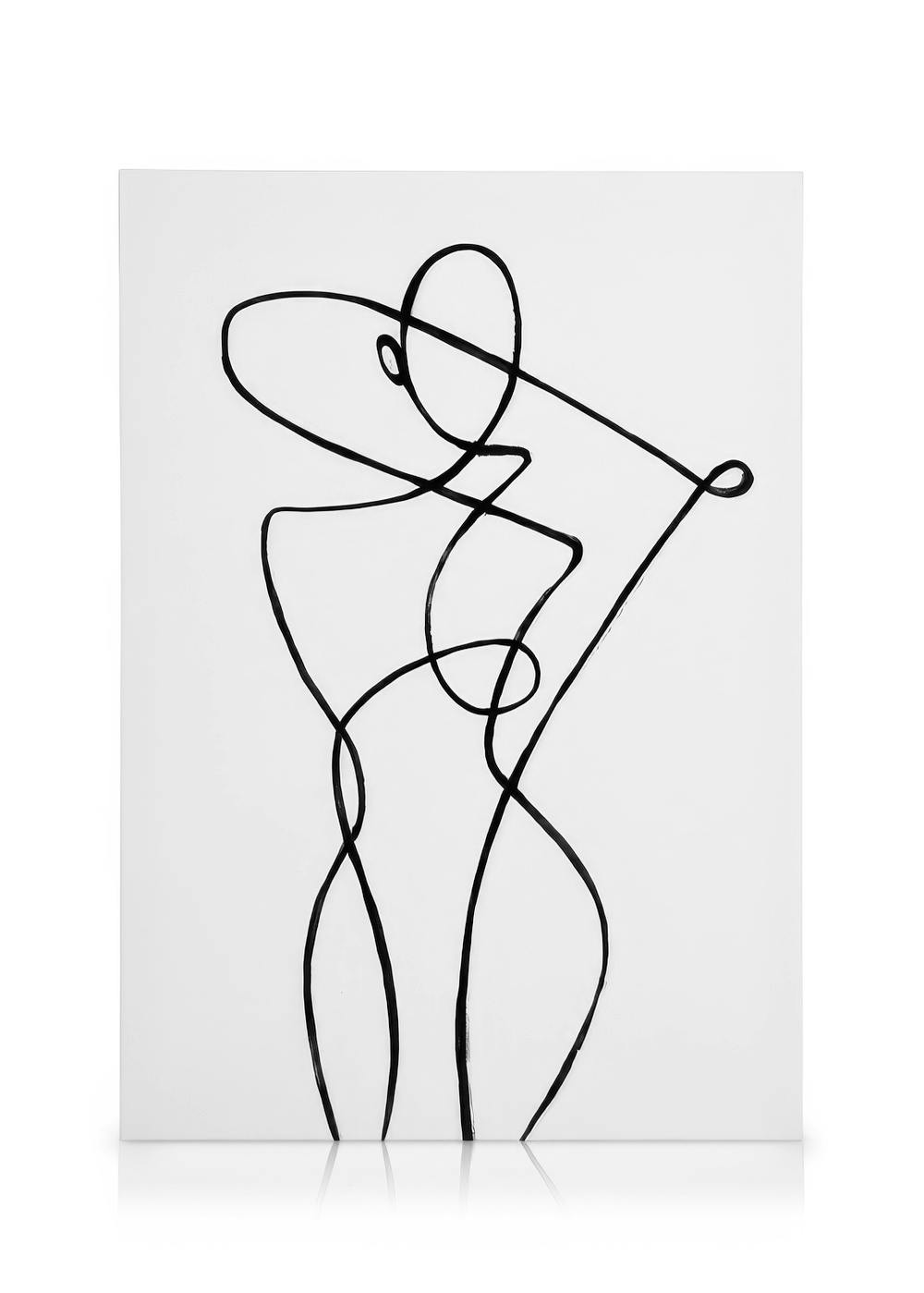 Toile avec typographie abstraite dune ligne noire courbée sur fond blanc, ressemblant à une figure