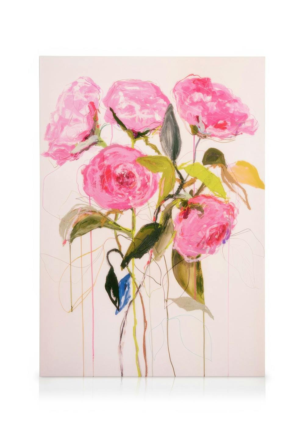 Målning av Leigh Viner med rosa pionliknande blommor och gröna blad på ljus bakgrund, i akrylstil.