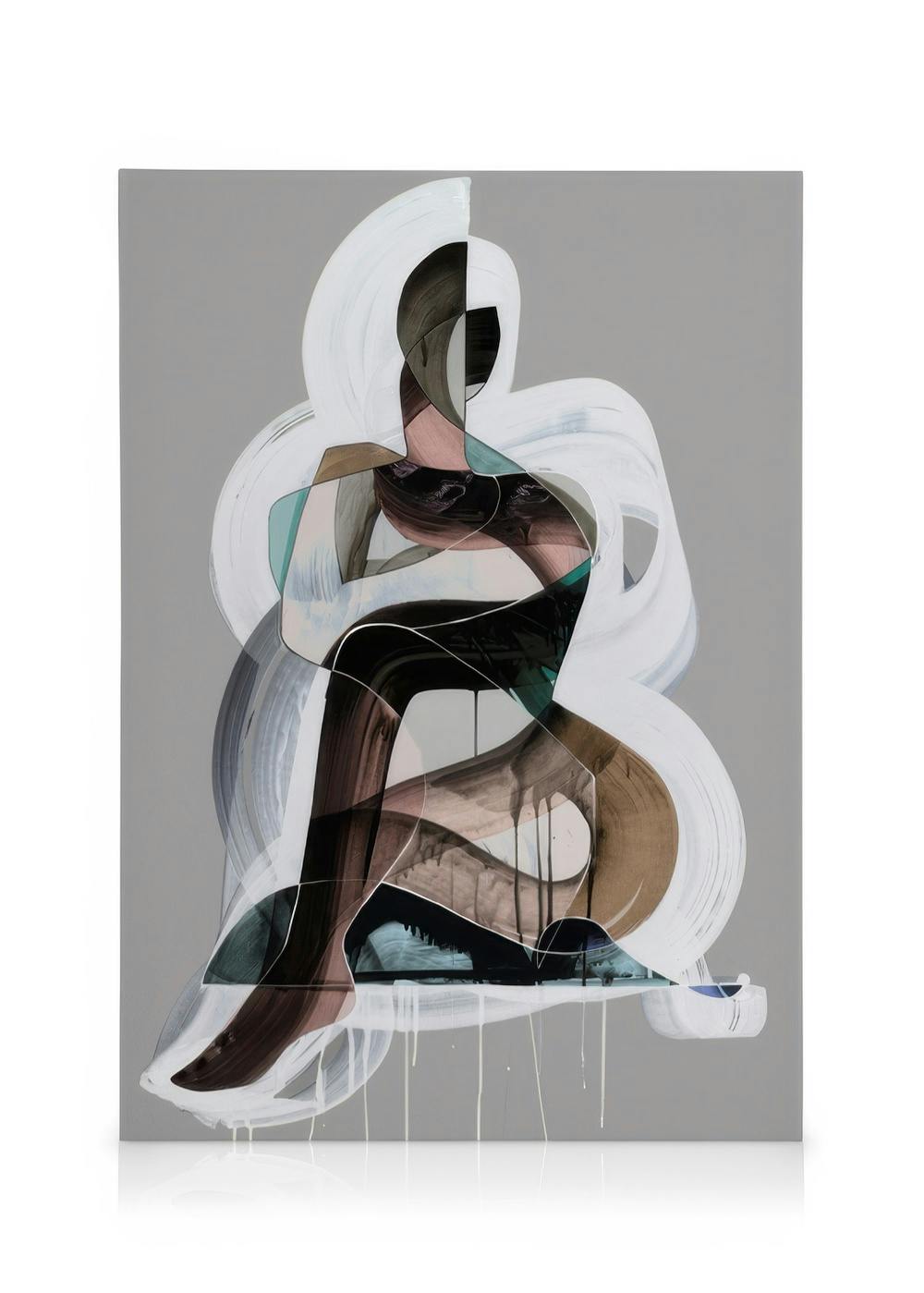 Peytil Into My Arms canvas print with abstract figure, white swirling lines, and paint drips in brown, black, teal.