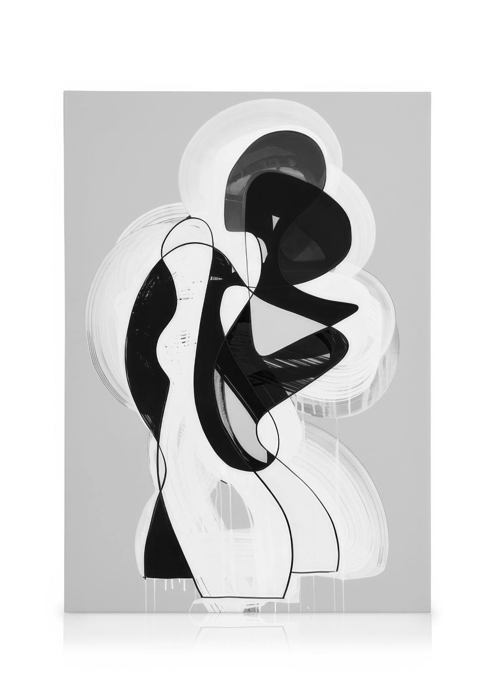 Abstraktes Air Figuratone Leinwandbild von Peytil, schwarze und weiße organische Formen mit Pinselstrichen auf grauem Hintergrun