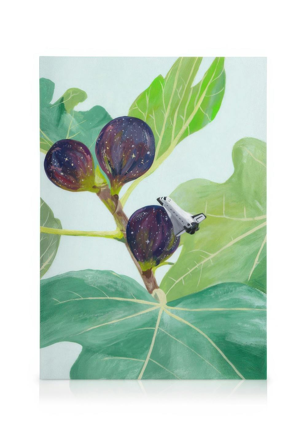 Leinwandbild Feigen-Galaxie von Jaron Su. Dunkle, sternenklare Feigen mit einer Raumfähre auf einem Ast, umgeben von grünen Blät