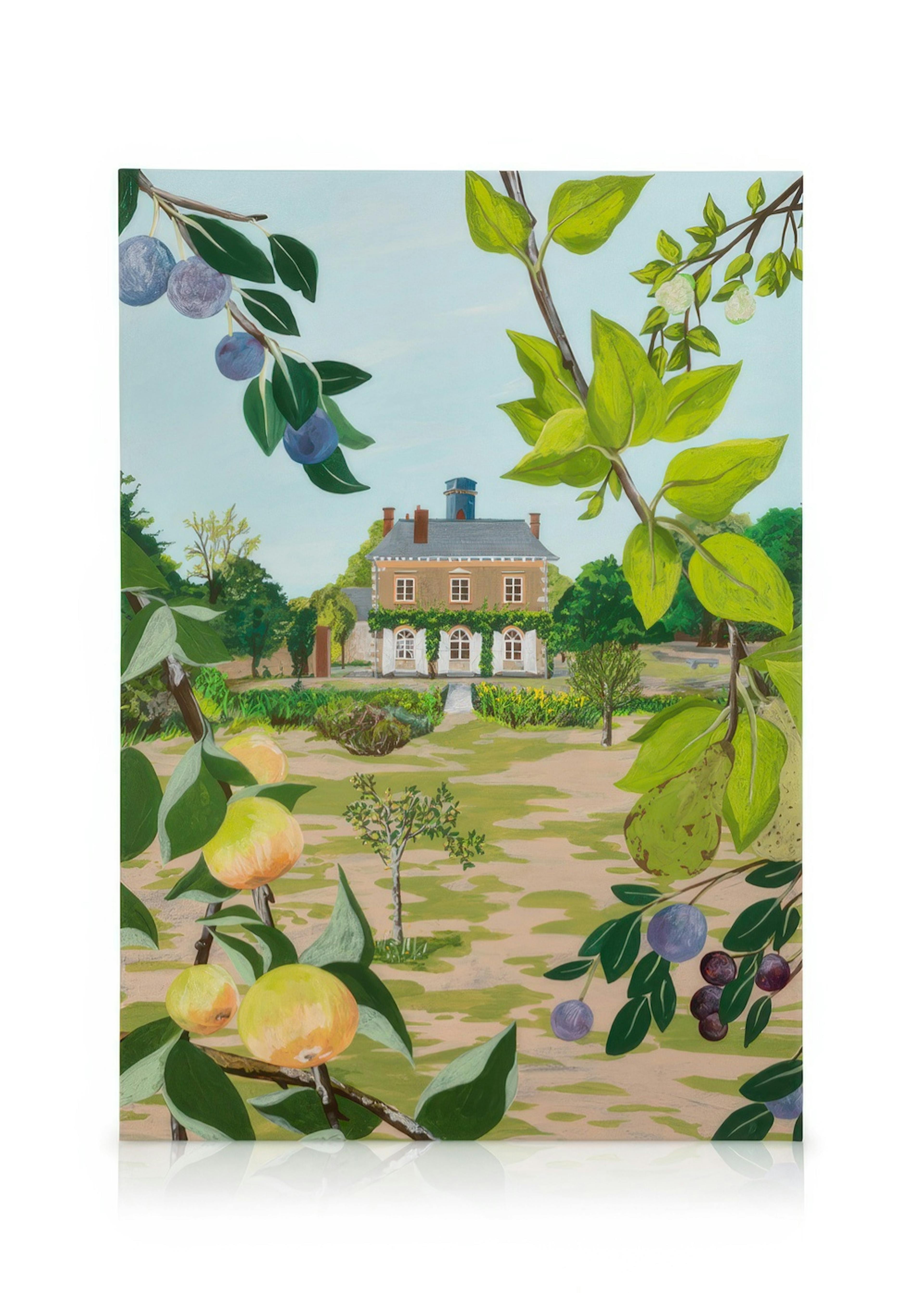 Toile représentant un château entouré darbres, avec des fruits jaunes et violets en premier plan, sous un ciel bleu clair.