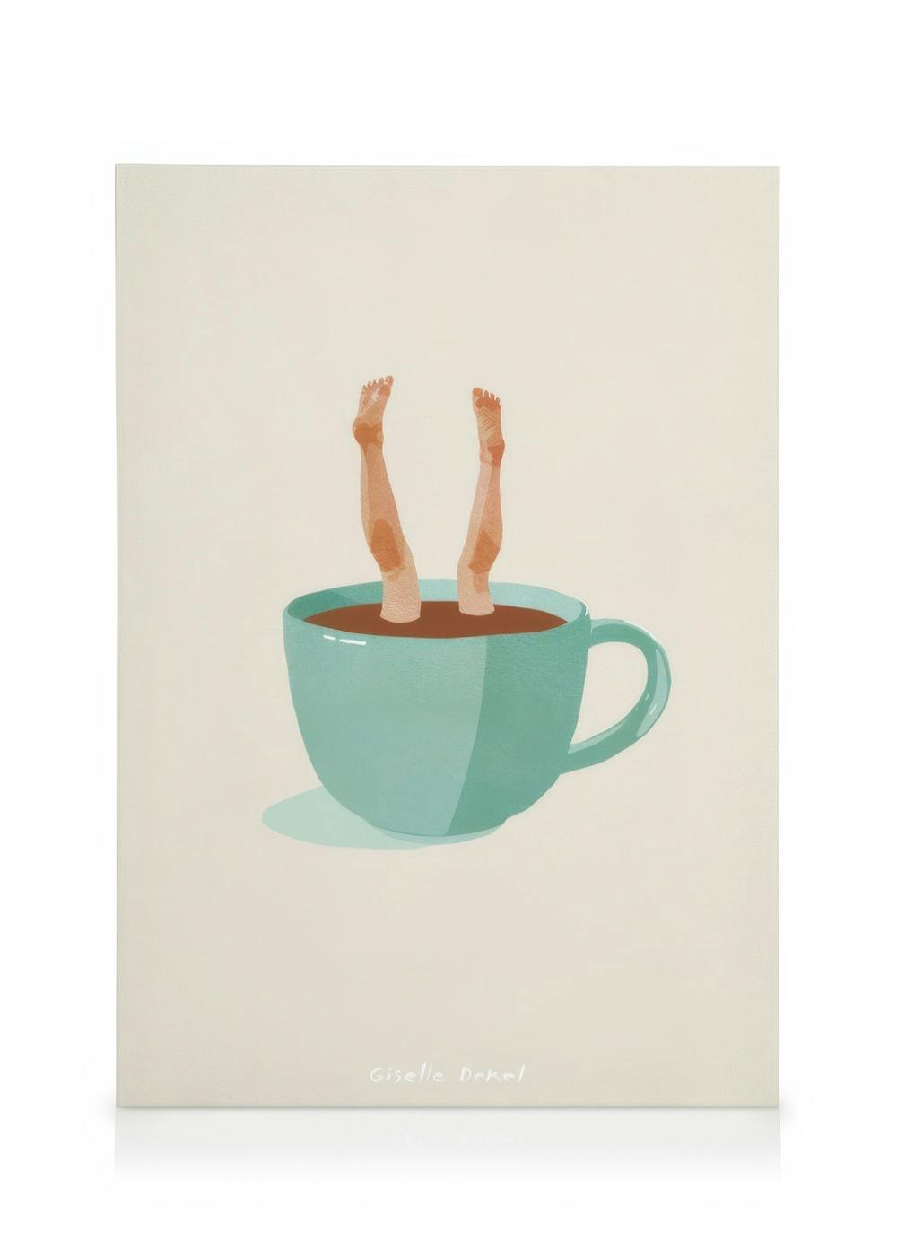 Giselle Dekel Going Deeper canvas print features legs emerging from a large teal cup of coffee, a whimsical illustration.