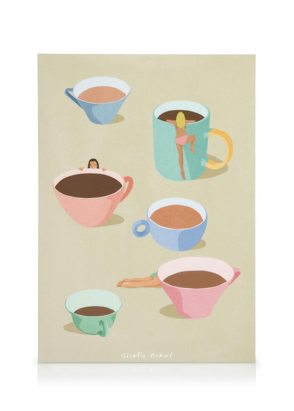 Obraz Giselle Dekel Kávové dámy, ilustrácia šiestich šálok kávy s plávajúcimi ženami na béžovom pozadí