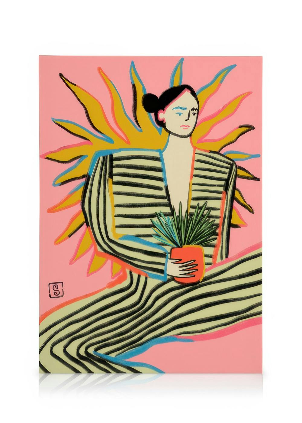 Lienzo Sandra Poliakov con arte lineal: figura en bata de rayas, fondo rosa con sol amarillo, planta en maceta naranja.