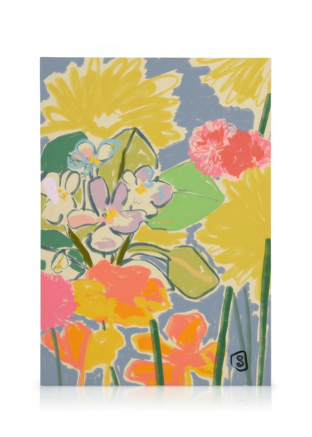 Buntes Leinwandbild Morning Garden von Sandra Poliakov mit abstrakten Blumen und Blättern in Gelb, Rosa, Orange und Lila auf hel