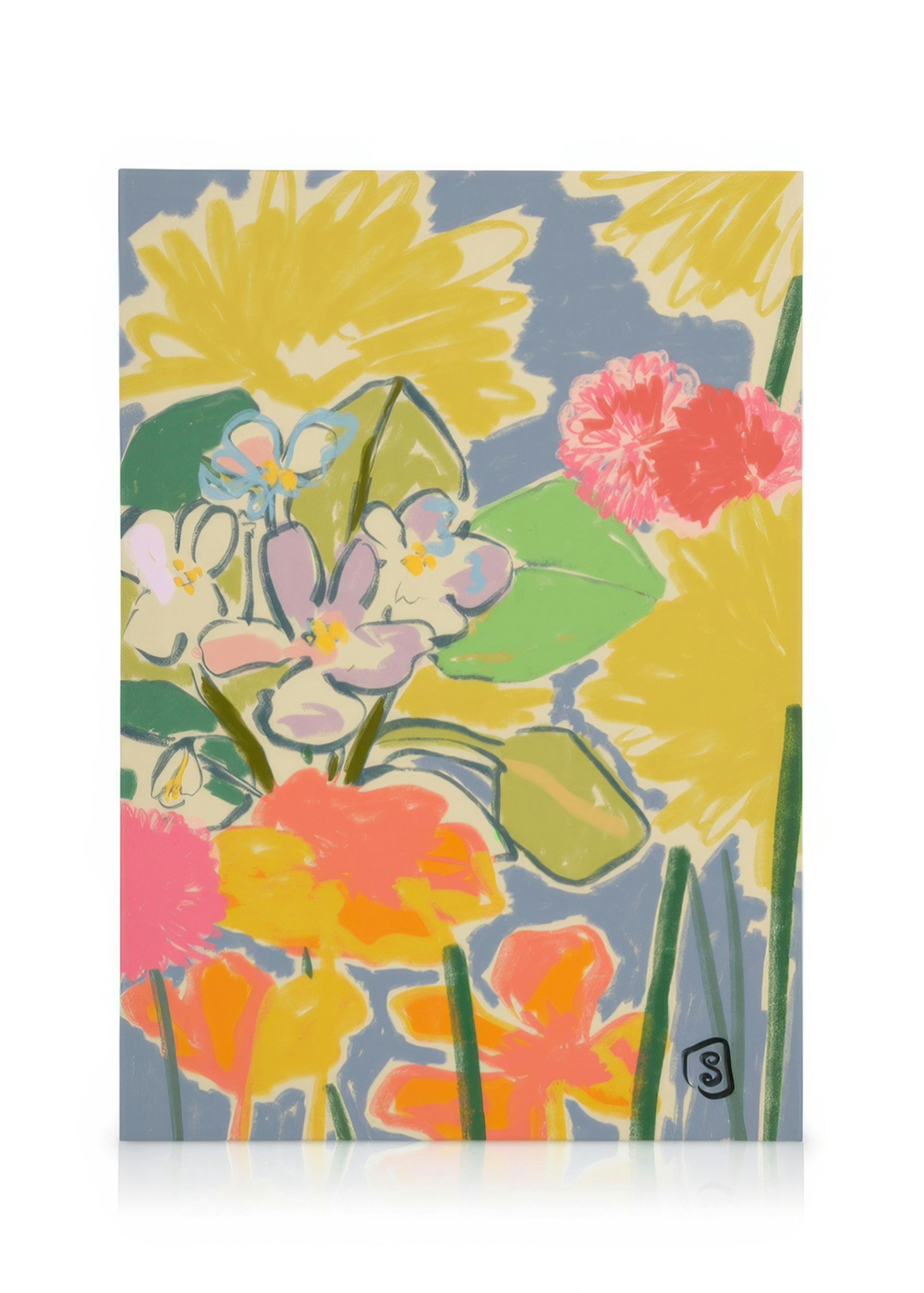 Colourful floral canvas print with yellow, pink, orange, and blue flowers against a grey background. Brushstroke detail.