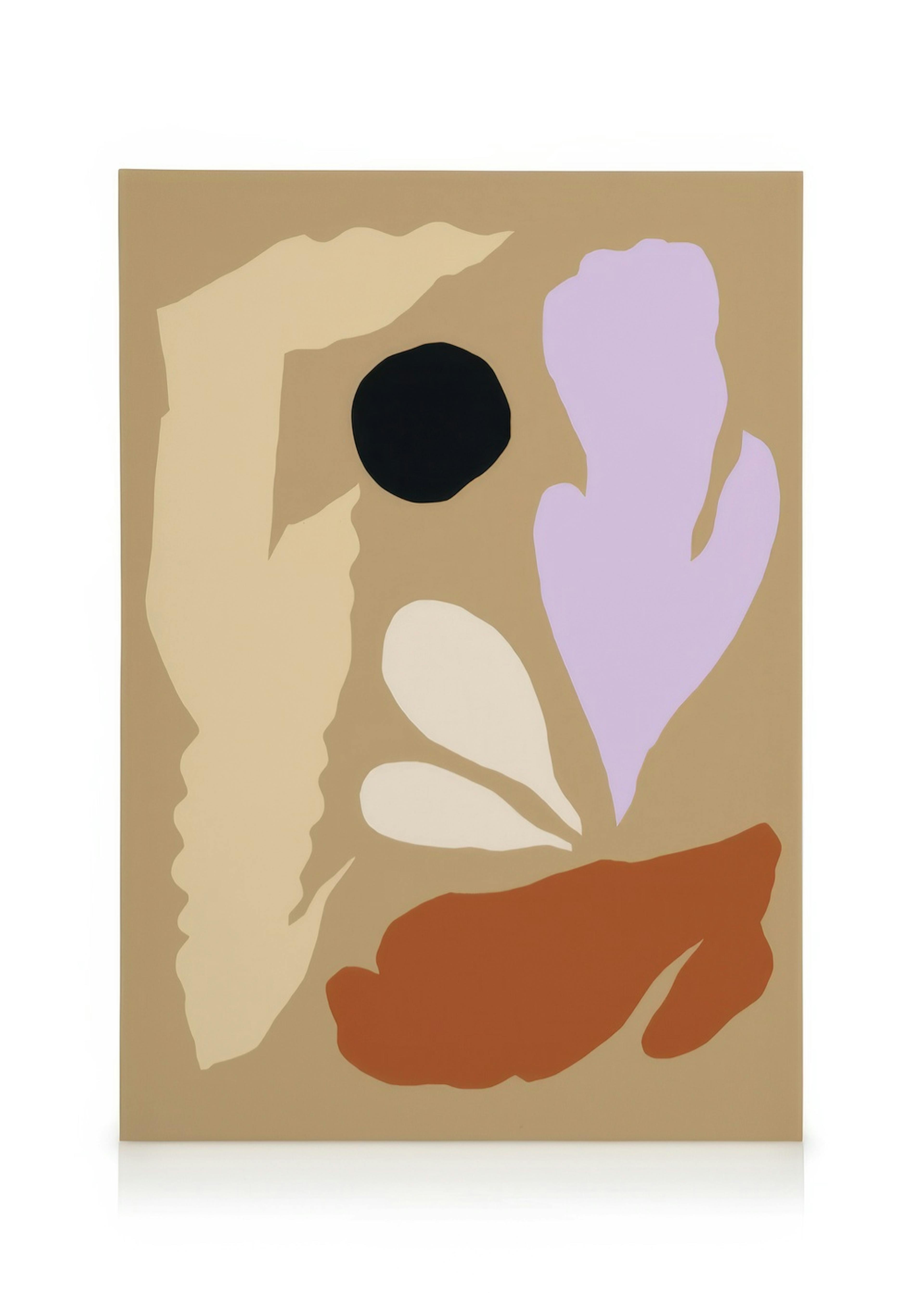 Abstract canvas print with organic shapes in beige, black, purple, white, and brown on a light background.