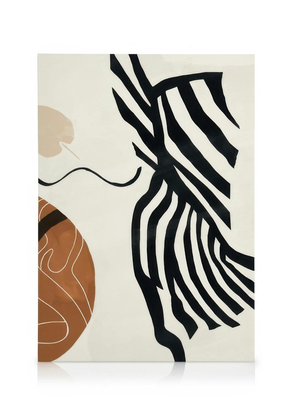Female Inspired 02 canvas print, abstract art with black stripes, a beige leaf, and a brown circle with white lines.