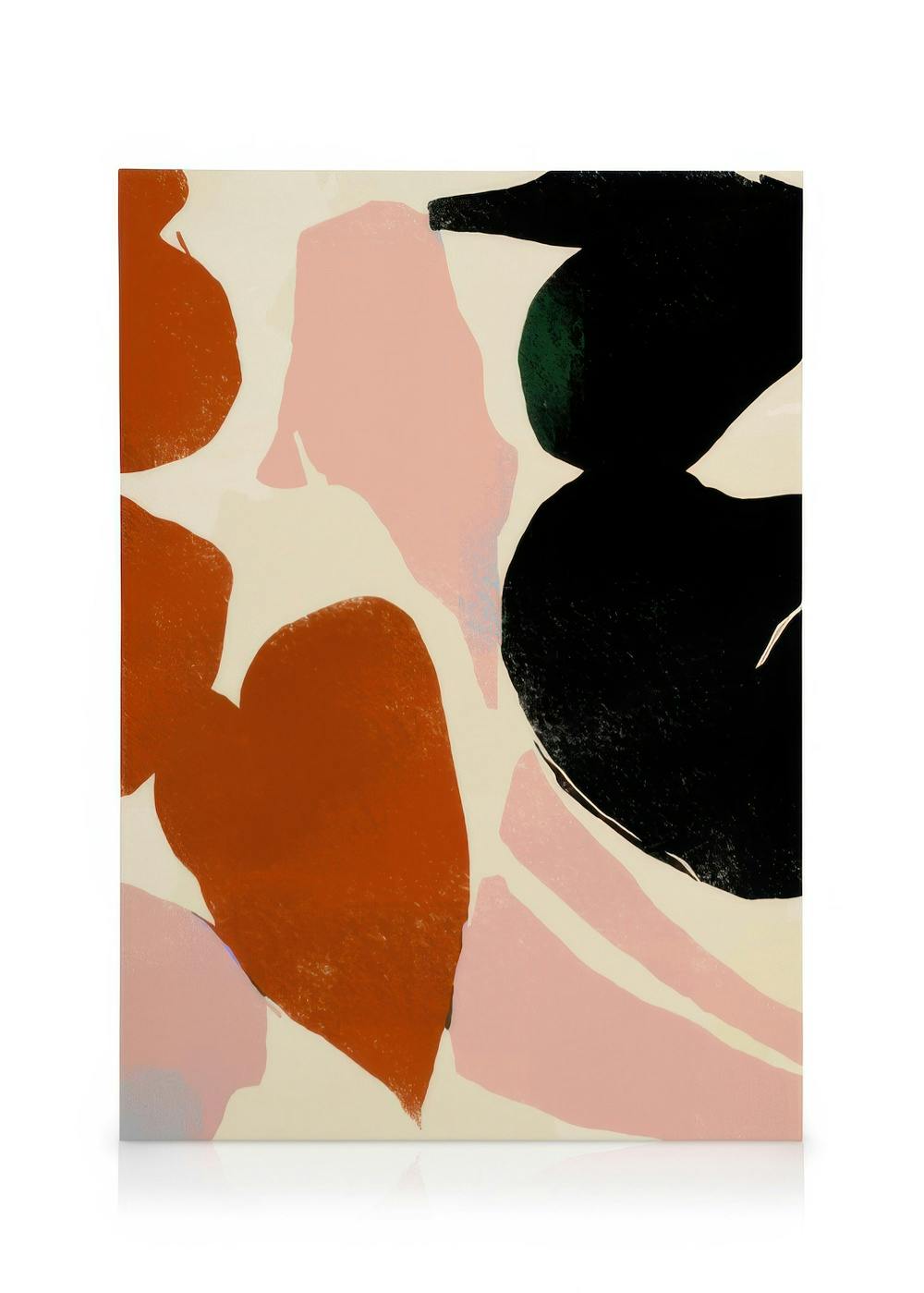 Abstracte canvas met overlappende organische vormen in zwart, roestbruin en roze tinten op lichte achtergrond.