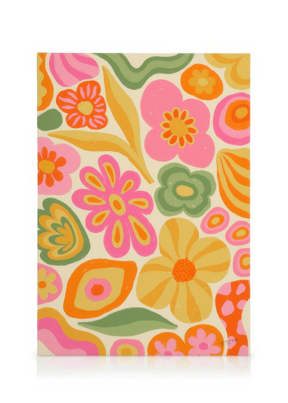 Hanna KL Cirque de Jardin canvas, a vibrant floral pattern in abstract style with pink, orange, yellow, and green flowers.