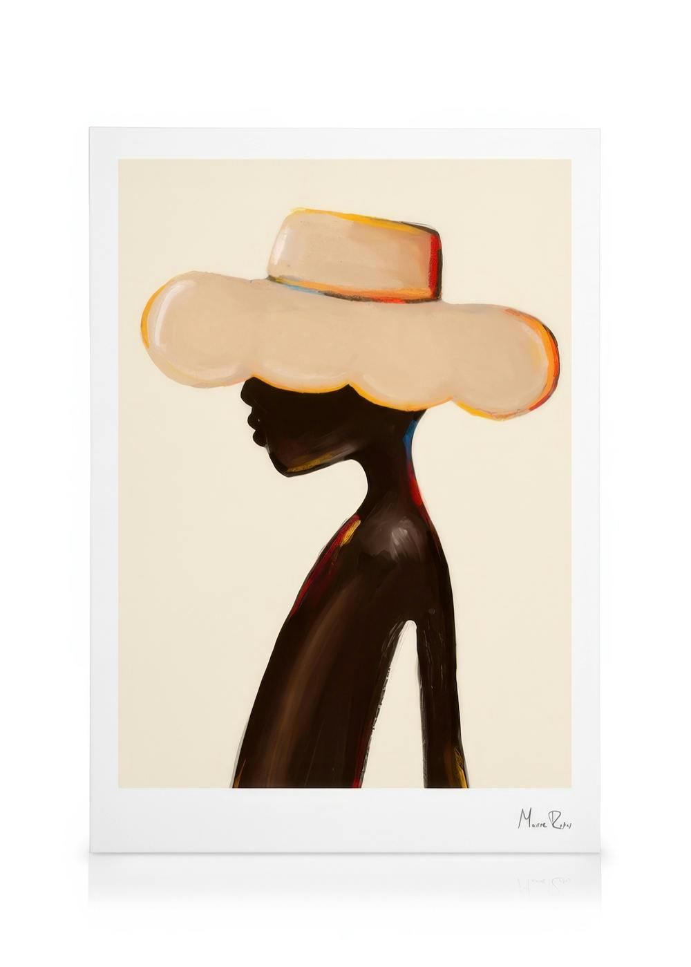 Profile of a person wearing a large beige hat with red and yellow accents on a canvas print