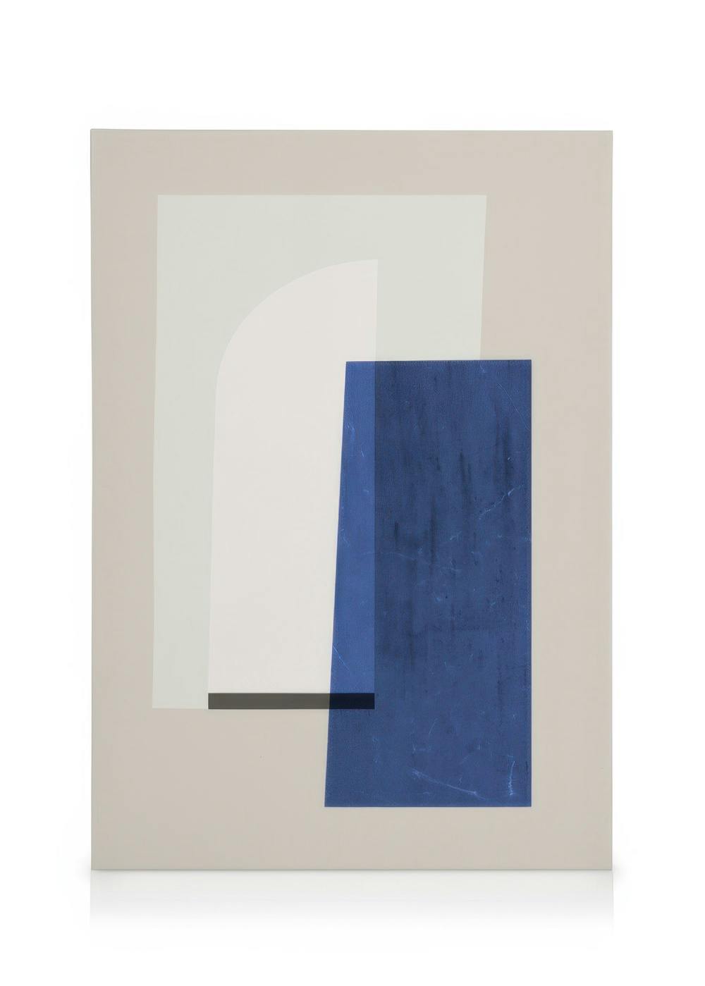 Abstract canvas print with white curve, beige rectangle, blue textured rectangle, and small black rectangle on a beige backgroun