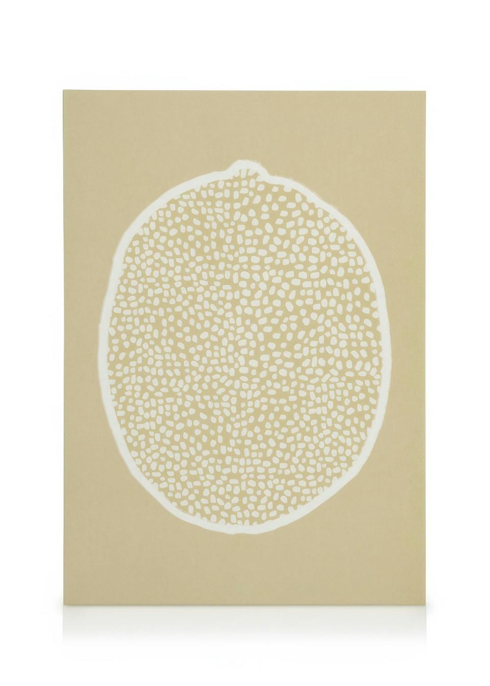 Tela decorativa Julia Hallström Hjort, limão com textura de pontos brancos sobre fundo bege, arte botânica moderna.