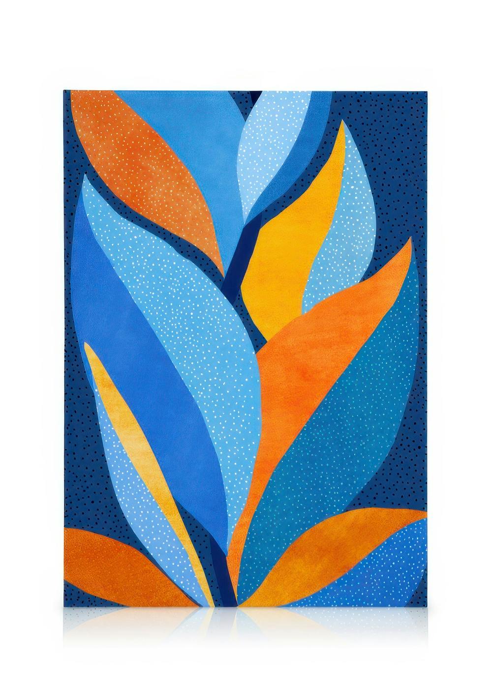 Stampa su tela con foglie blu, arancioni e gialle sovrapposte su sfondo blu scuro, con puntini bianchi e neri.