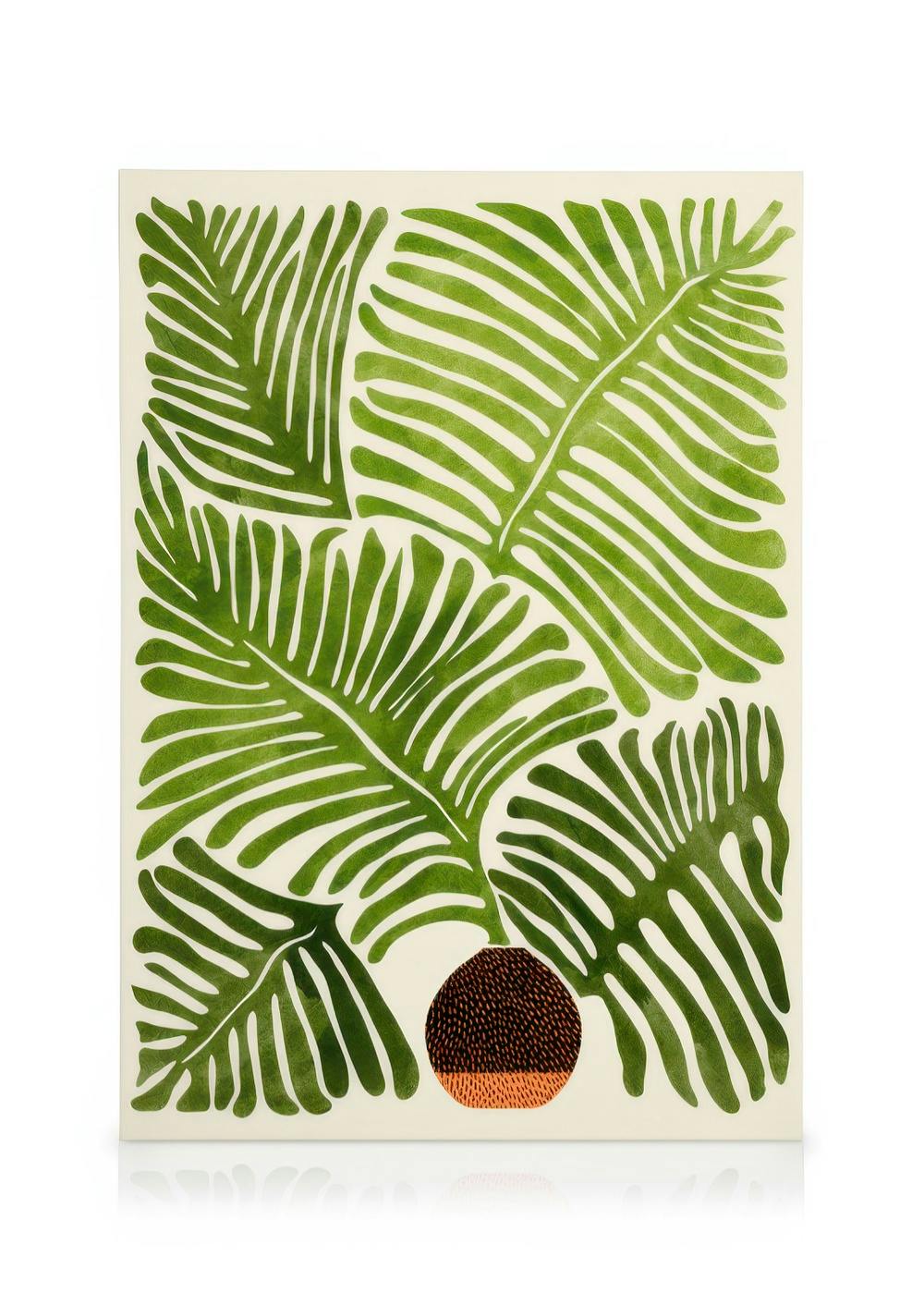 Green palm leaves and a brown patterned circle on a light background, a sophisticated canvas print.
