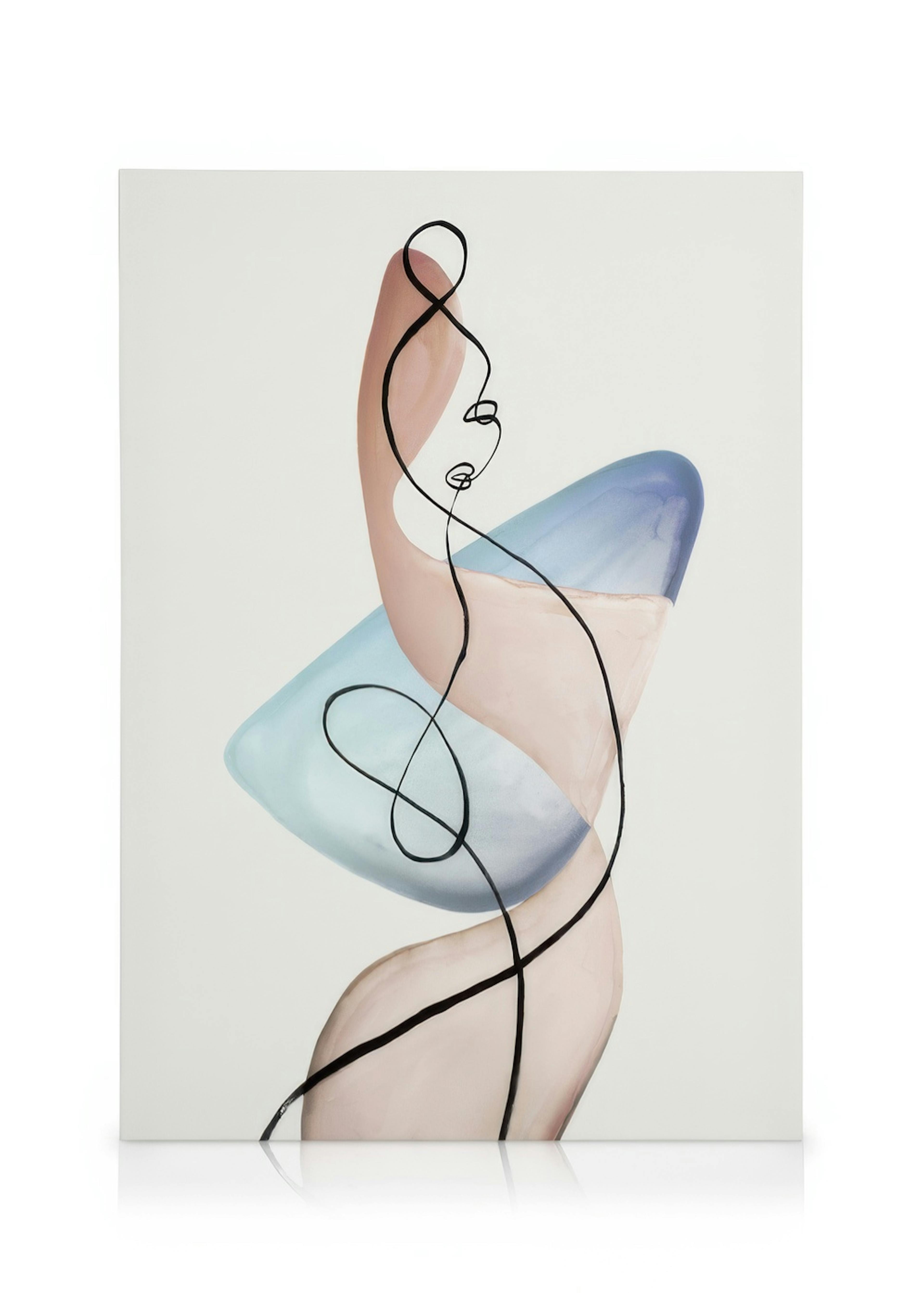 Stampa su tela con profilo astratto di volto, linee fluide rosa, blu e beige su sfondo chiaro.