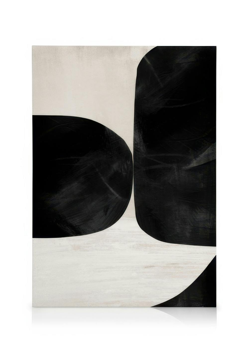 Abstract canvas print with black semi-circles and a white curved shape on a beige background, featuring visible brush strokes.
