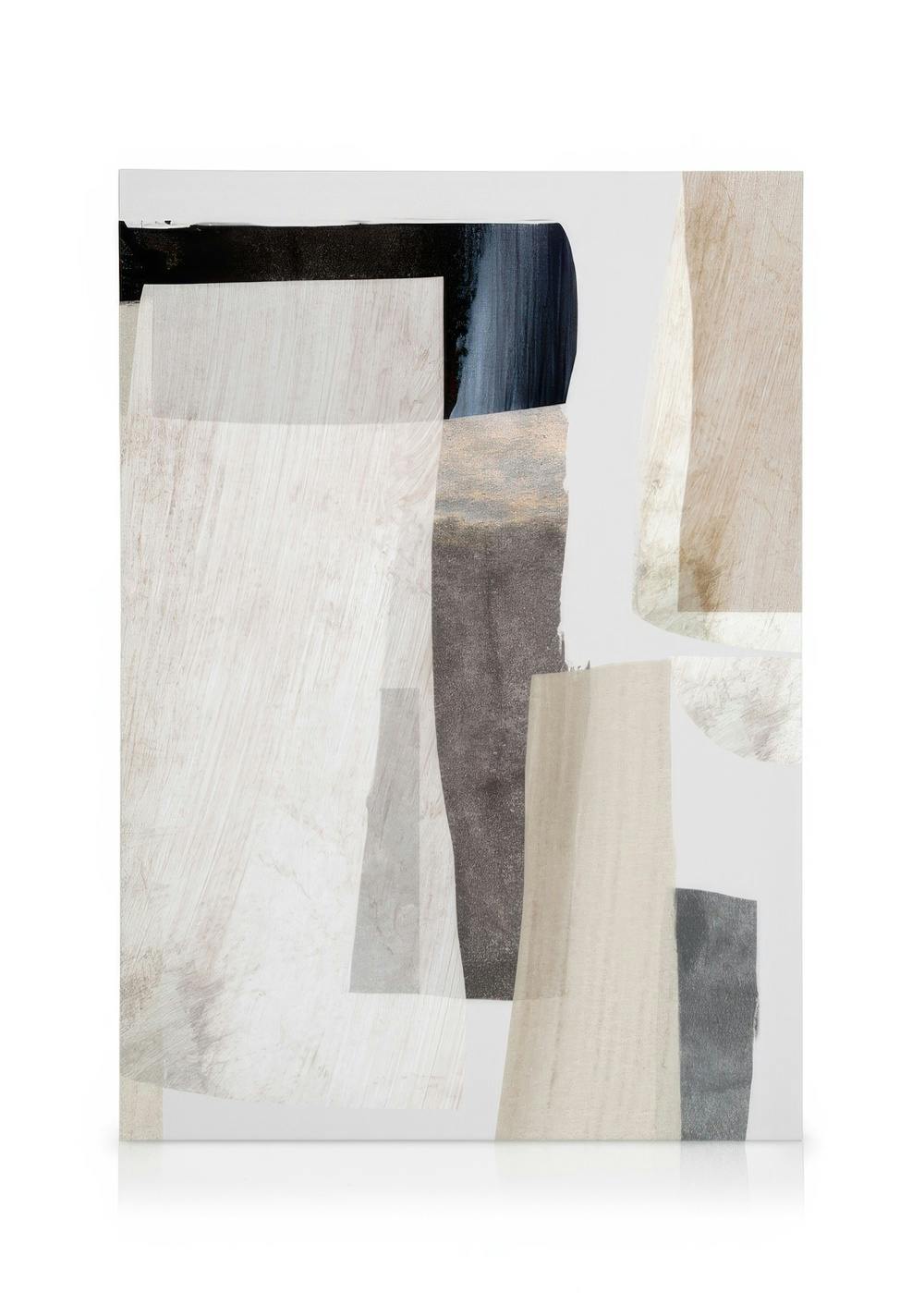 Abstract canvas print with a collage of textured shapes in muted white, grey, black, and brown tones.