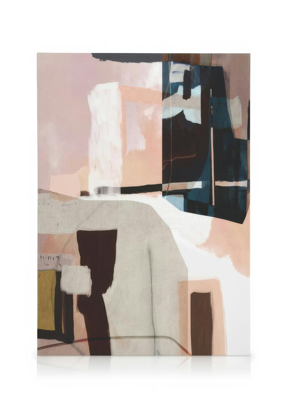 Stampa su tela astratta con forme rosa, marroni, bianche, blu e nere, per un tocco di colore moderno.