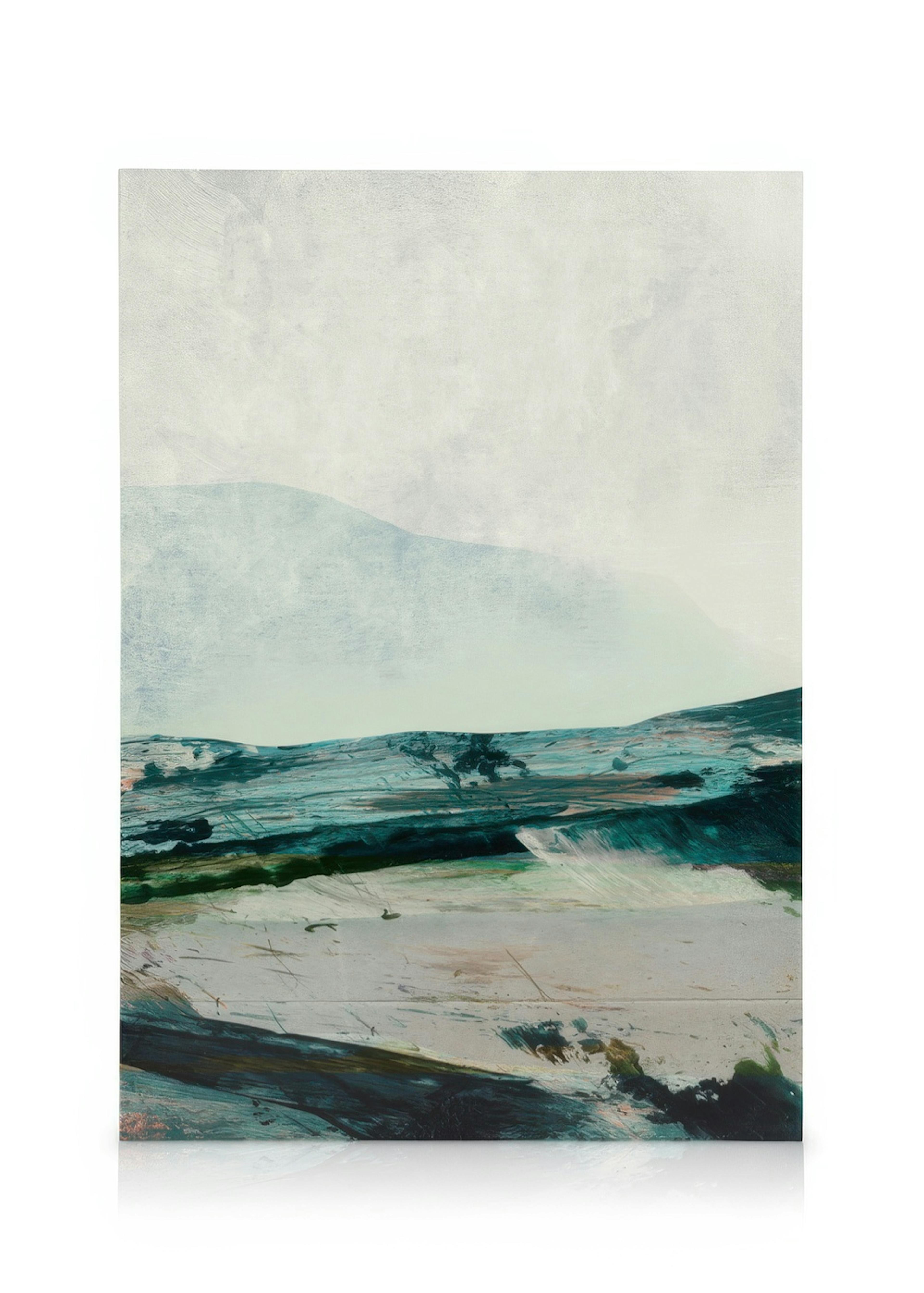 Abstraktes Leinwandbild mit strukturierten blauen, grünen und weißen Pinselstrichen, ideal für Wohnzimmer und Schlafzimmer.