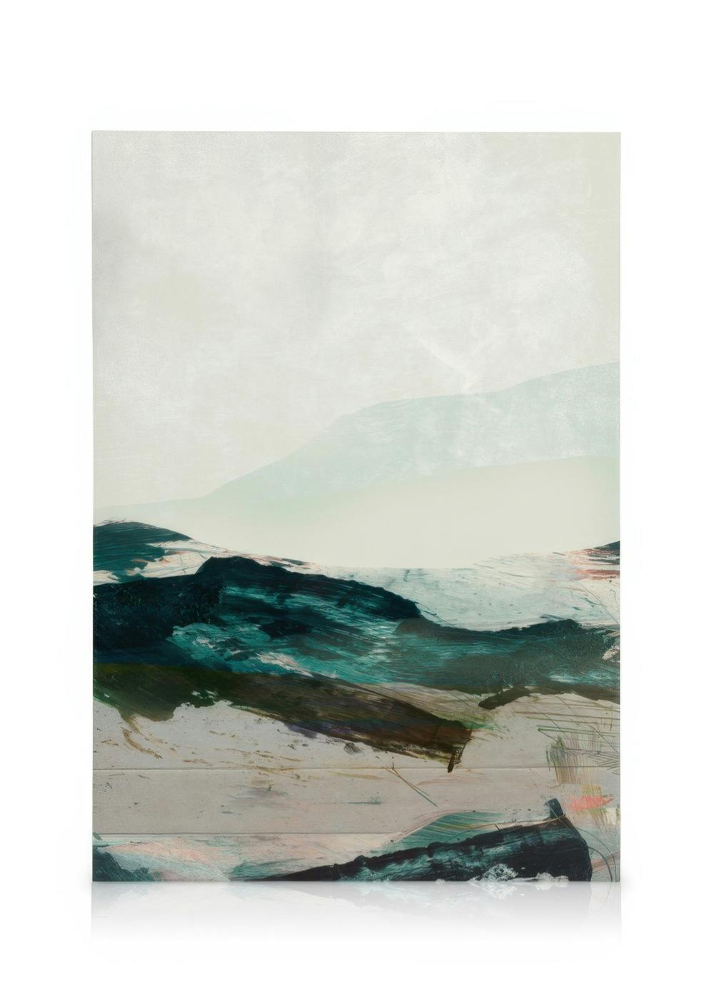 Toile abstraite moderne avec des coups de pinceau fluides en bleu, vert, rose et blanc représentant des vagues.