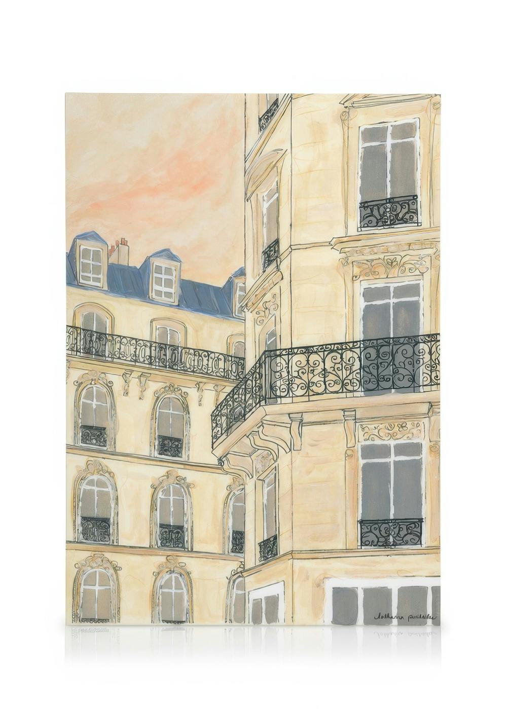 Golden Hour Building artwork by Katharina Puritscher, a beautiful canvas print of Parisian architecture at sunset.