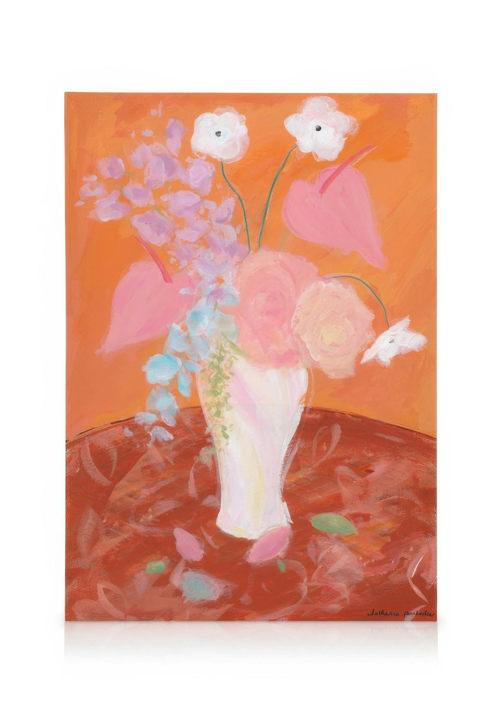 Vibrant floral canvas print with pink, white, and blue flowers in a white vase on an orange background.
