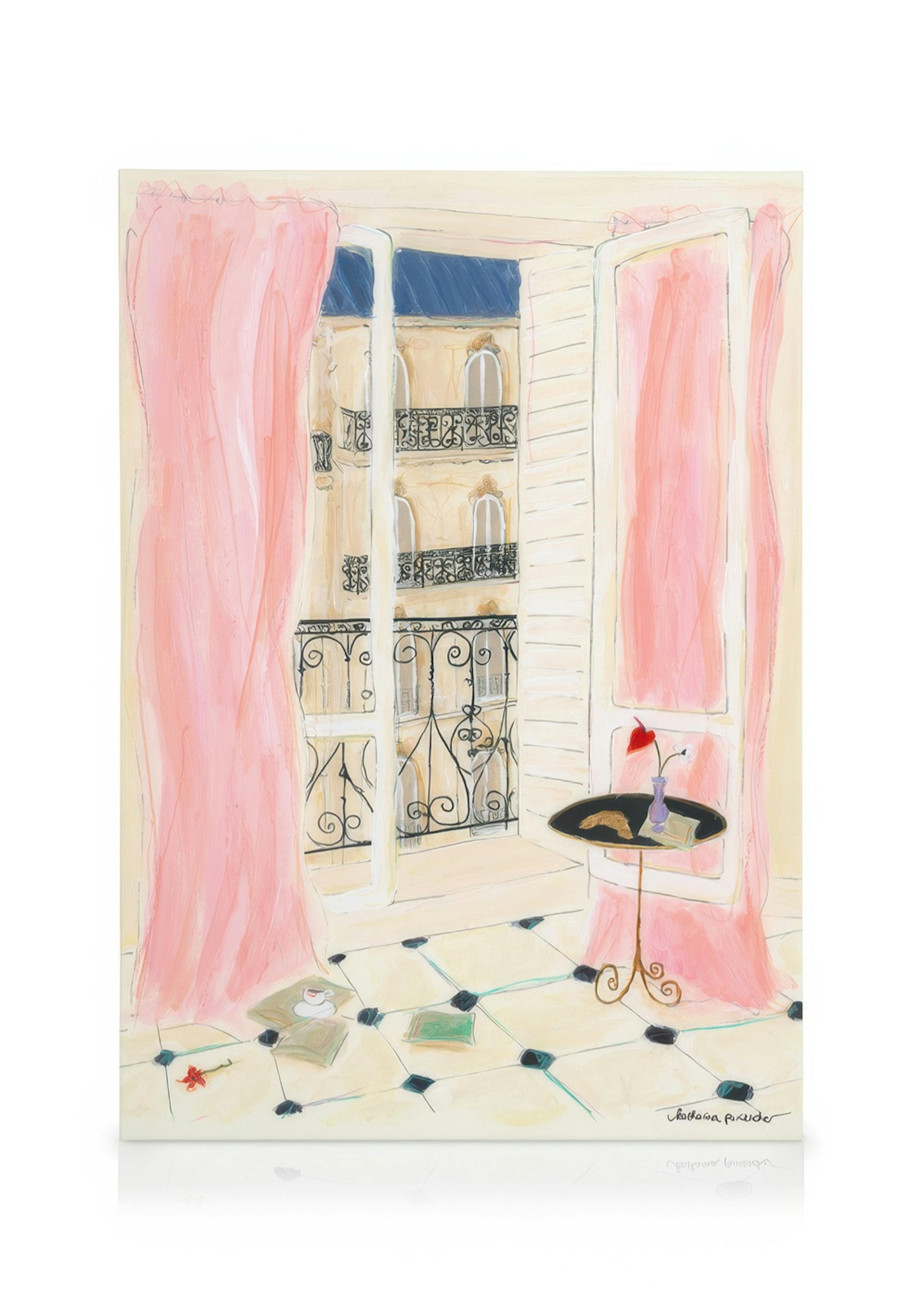 Canvas print of open window with pink curtains, balcony, table with croissant, and book.