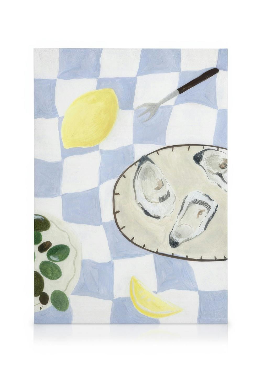 Canvas print of a blue and white checkered table with oysters, olives, lemons, and a fork, in a flat art style.