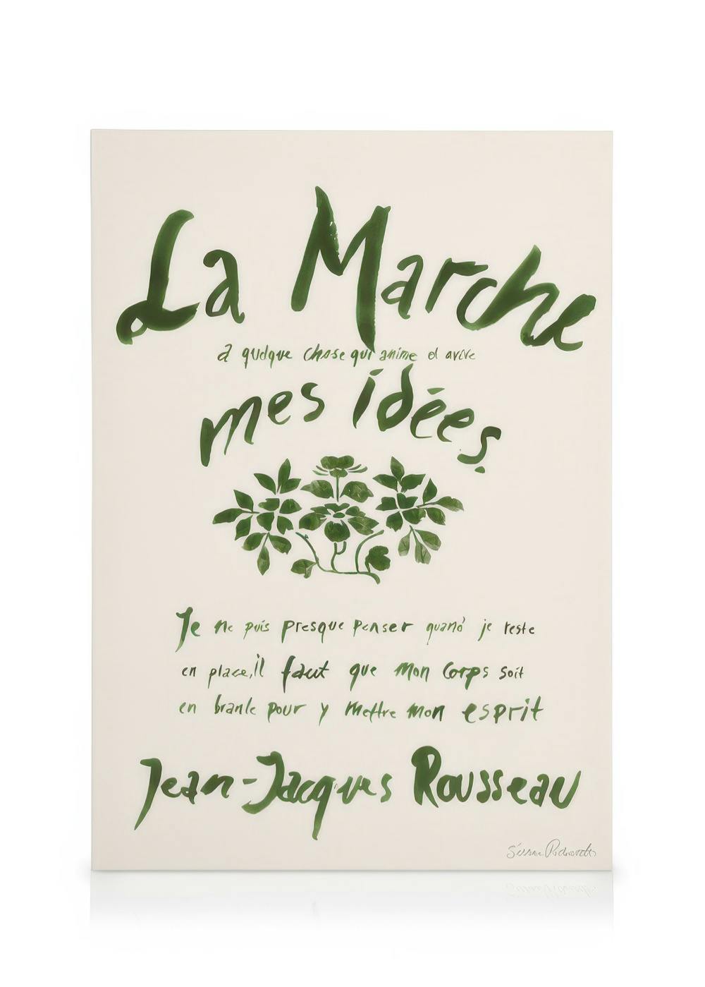 Sissan Richardt La Marche canvas print with green French calligraphy and botanical illustration.