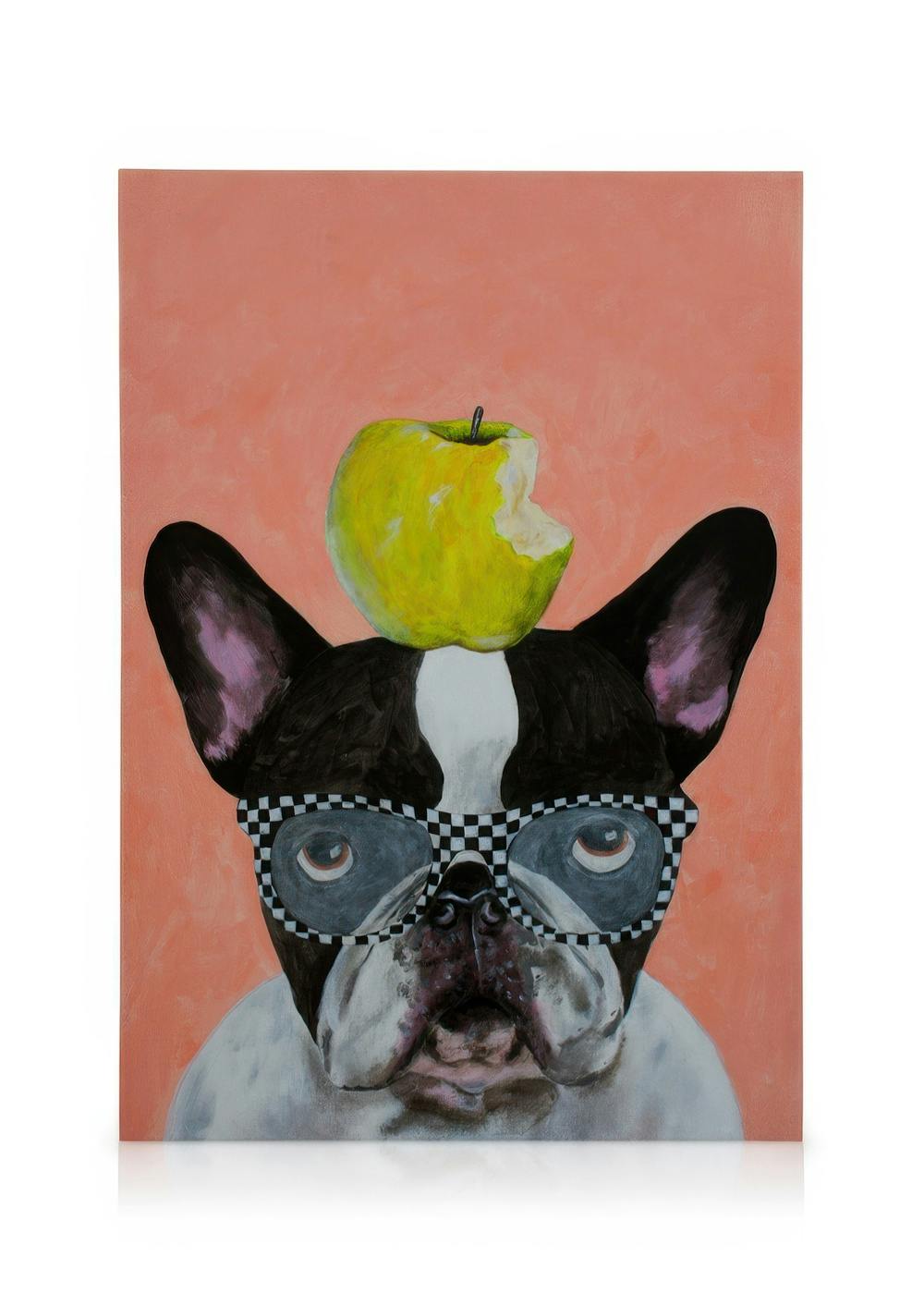 Toile de bouledogue français noir et blanc avec lunettes à carreaux et pomme verte sur fond pêche, art mural ludique.
