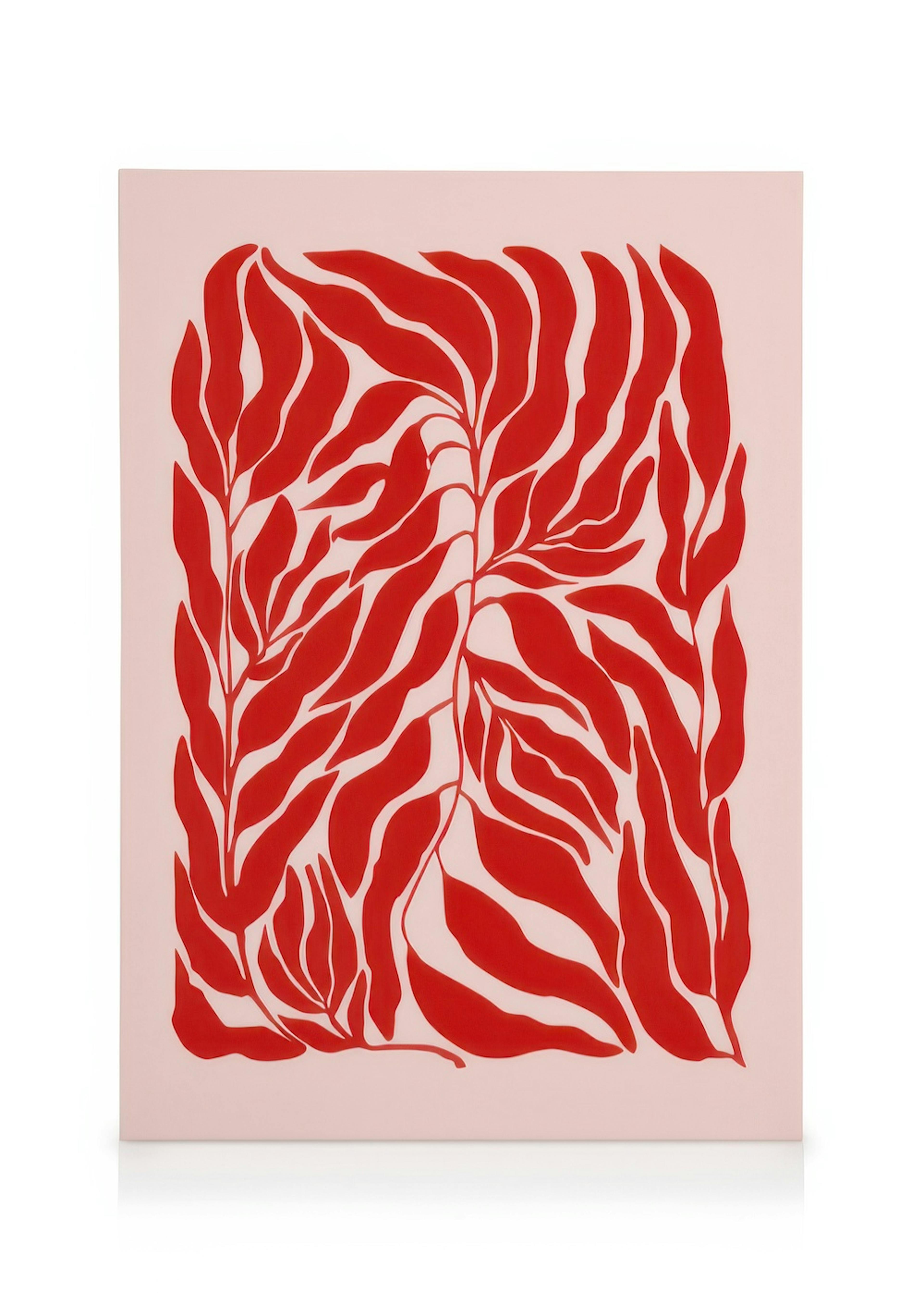 Red and pink botanical canvas print, featuring vibrant abstract leaf shapes on a light pink background.