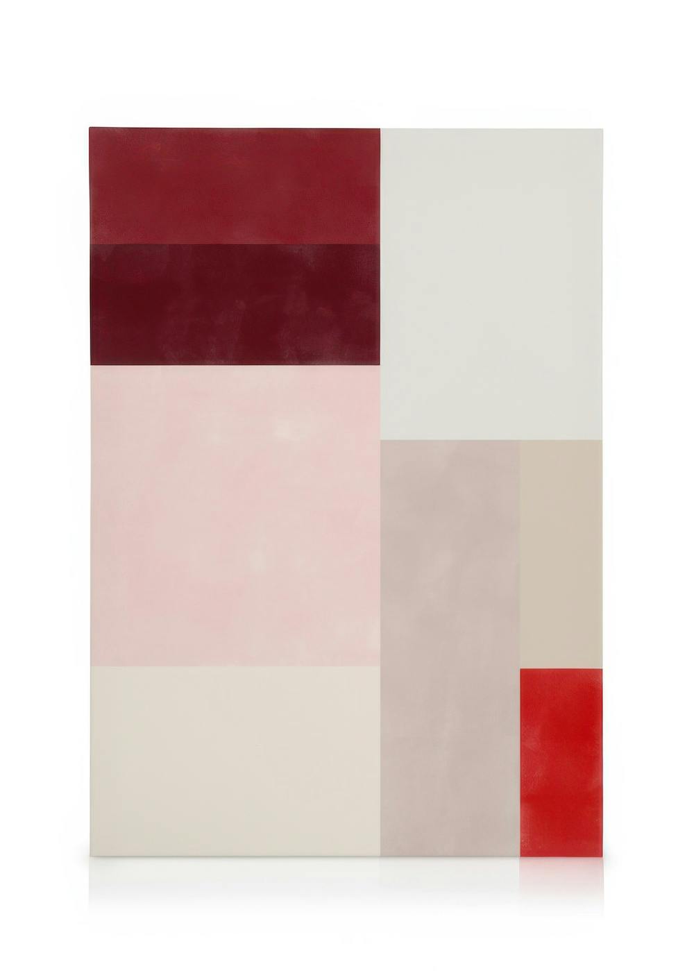 Obraz na płótnie z blokami kolorów: czerwonym, różowym, białym i beżowym, z teksturami pociągnięć pędzla.