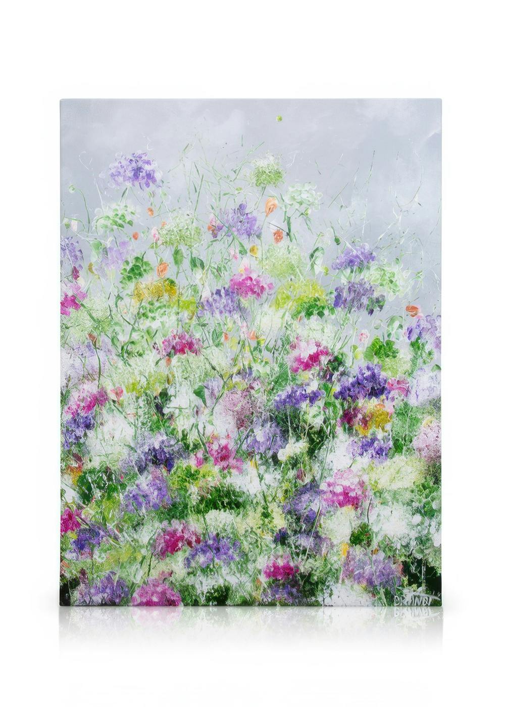 Anna Brandt Lavaux kanvaasi: värikäs kukkameri pastellisävyissä, abstrakti kukka-aihe.