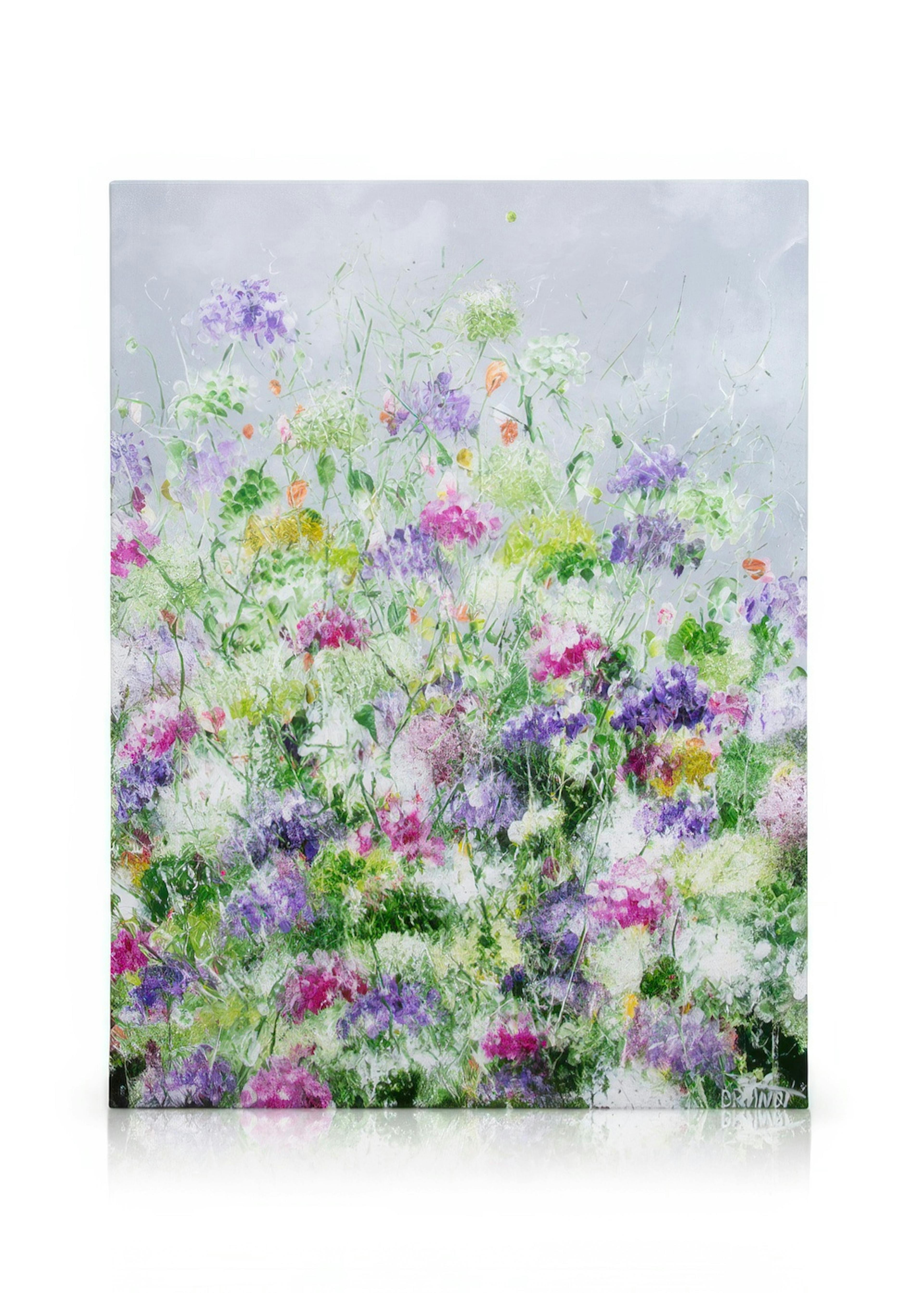 Anna Brandt Lavaux canvas, a vibrant wildflower meadow painting with purple, pink, and green hues on a textured white background