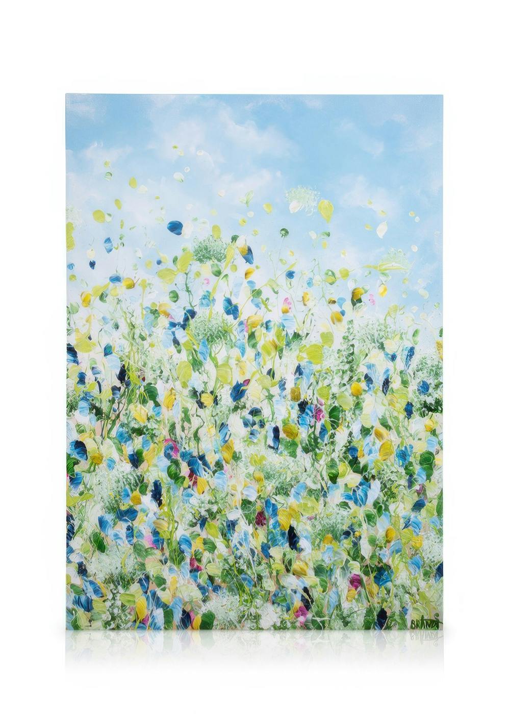 Vibrant floral canvas print depicting colourful flowers in a field with a blue sky, by Anna Brandt